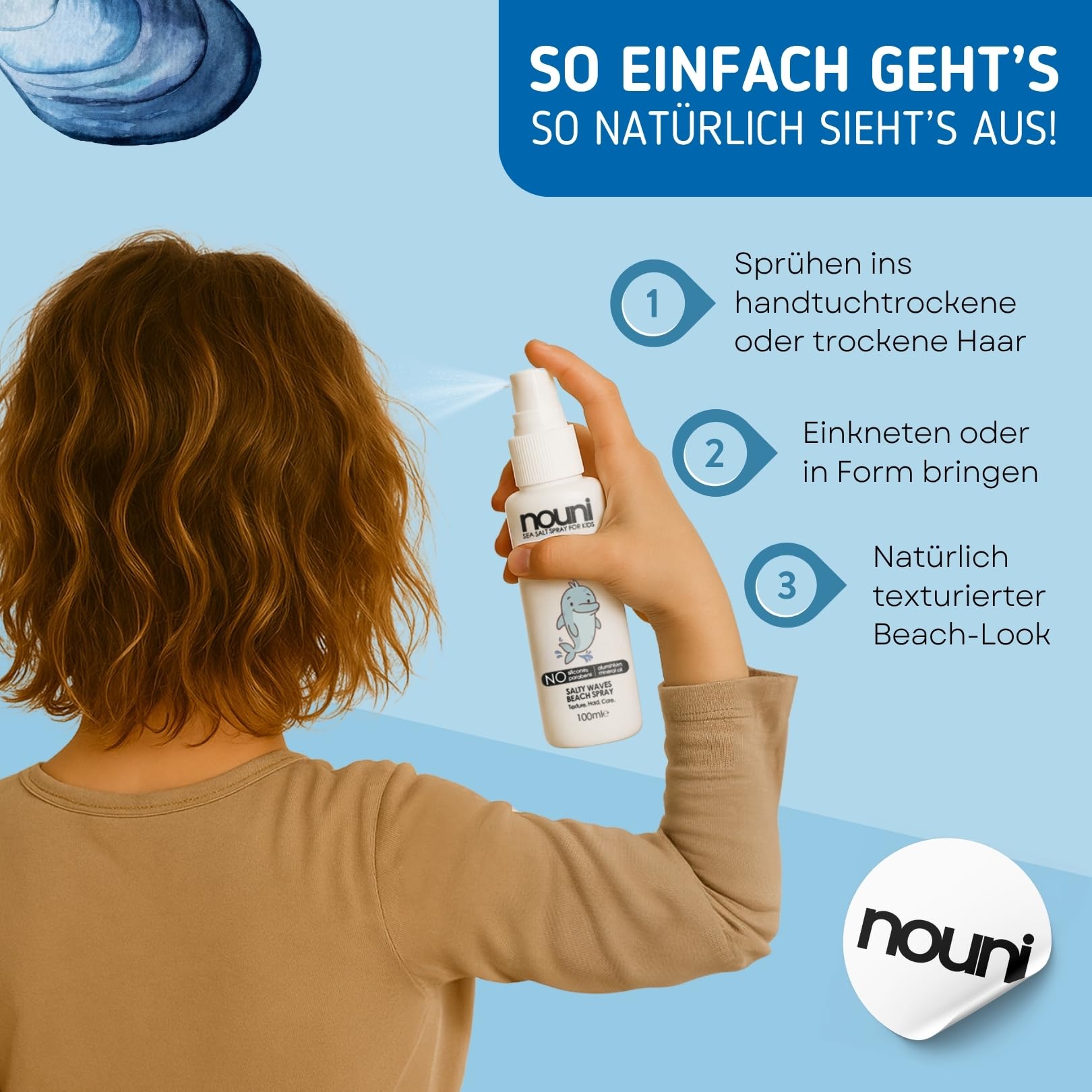 Sea Salt Spray dla dzieci – spray do stylizacji naturalnych fal plażowych – z solą morską i gliceryną – bez perfum, wegański, bez silikonów – lakier do włosów dla wrażliwych włosów dzieci – 100