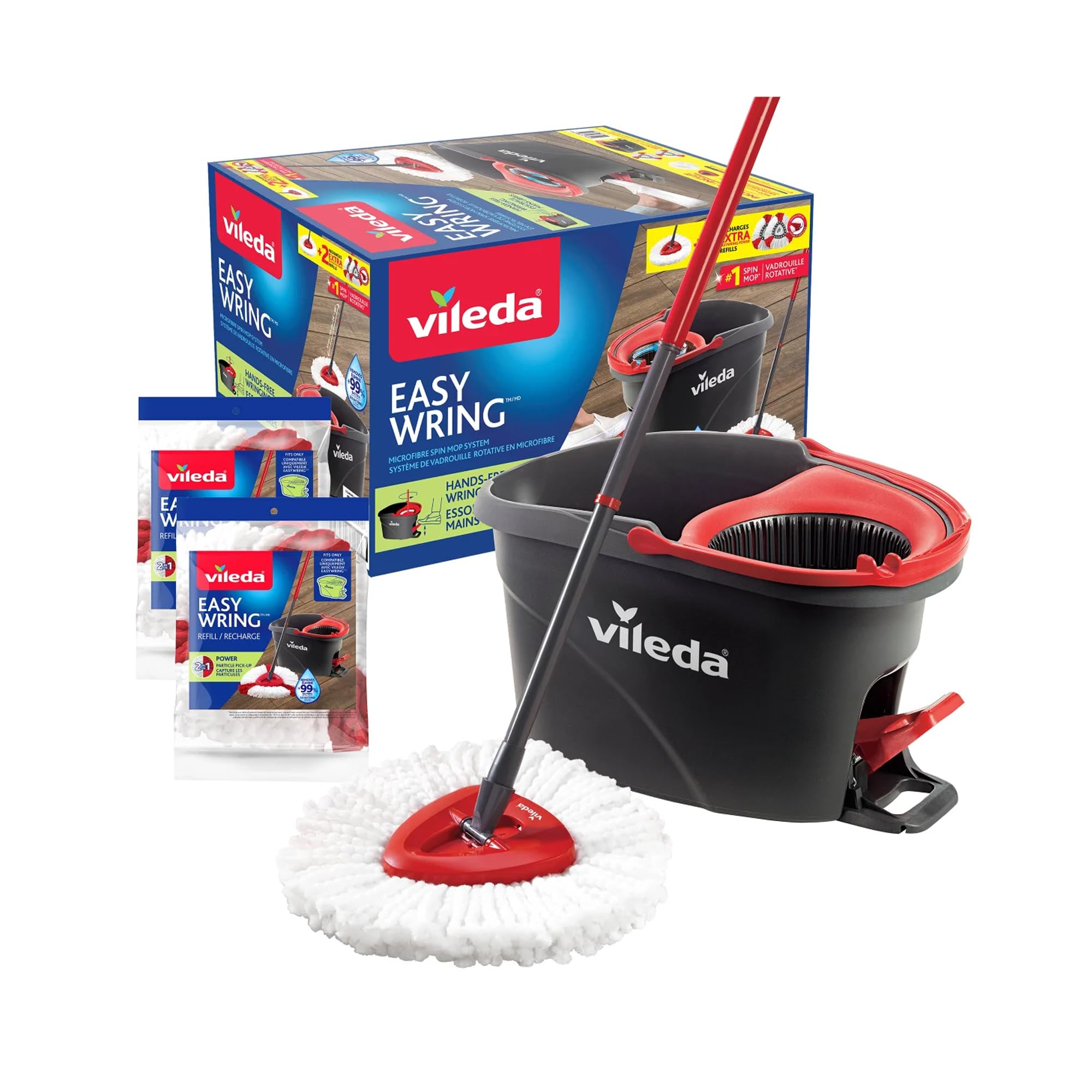 Vileda Easy Wring & Clean Spin Rotating Mop, Full Bucket Set, Spin Mop For Cleaning Floors (Full Set + 2 Refill) 1 x Mop, 1 x Bucket, 2 x Refill