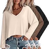 Huukeay 3 Pack Women's Long Sleeve Cropped Shirts V Neck Irregular Hem Oversized Tops Loose Casual Outfit Tees Fall Clothes