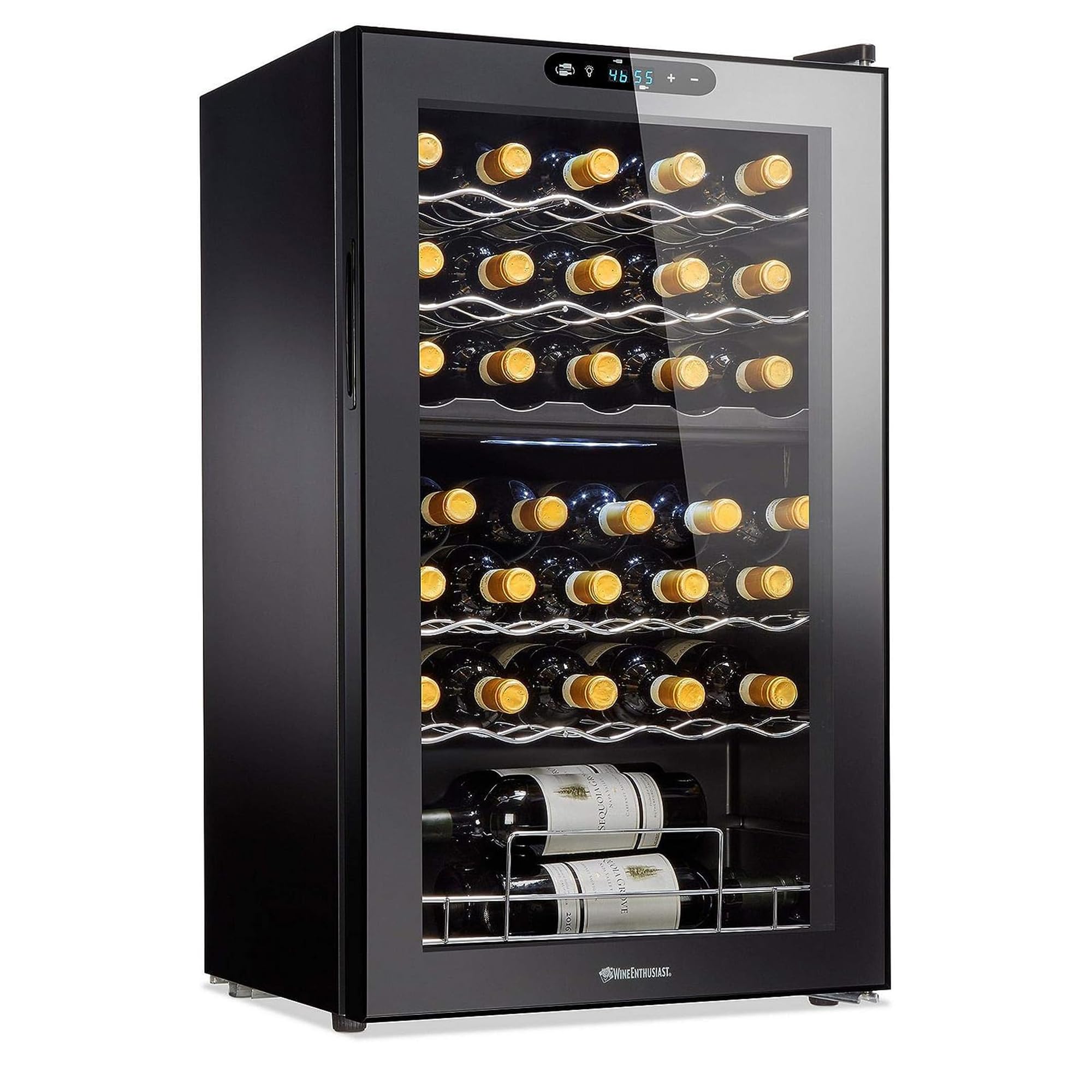 wine enthusiast 32-bottle dual zone max compressor wine cooler  freestanding mini fridge with digital touchscreen led display split storage for red amp white wines matte black refrigerator home bar