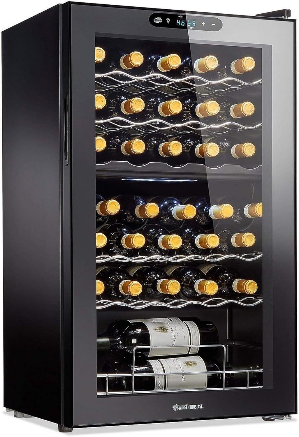 Wine Enthusiast 32-Bottle Dual Zone MAX Compressor Wine Cooler – Freestanding Mini Fridge with Digital Touchscreen
