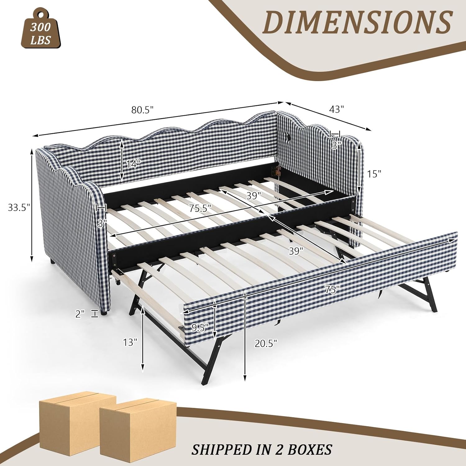 80.5" Daybed with Trundle, Gingham Twin Size Day Bed Frame with USB Charging Ports Modern Upholstered Sofa Bed for Living Room Bedroom Guest Room, Blue