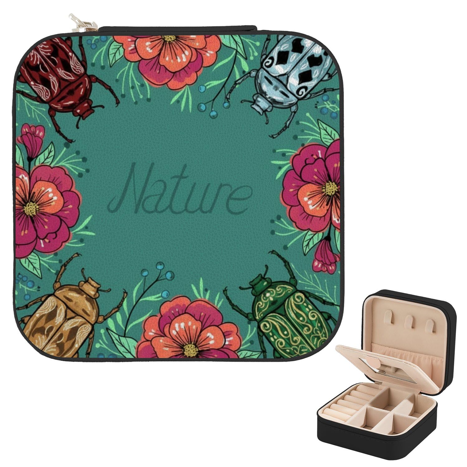 Nature Small Insect Red Flower Necklace Box Gift Leather Leather Jewelry Travel Case Traveling Accessories Jewelry Organizer Mirror