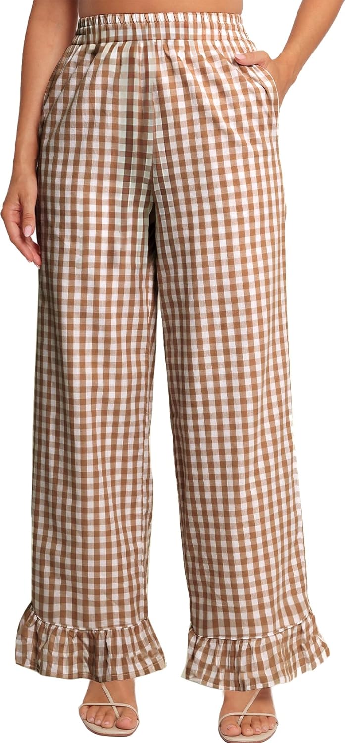 COZYPOIN Women's Gingham Pants Cotton Plaid Ruffle Hem Lounge Boxer Pant Y2K Pj Bottoms Casual Wide Leg Trousers with Pockets