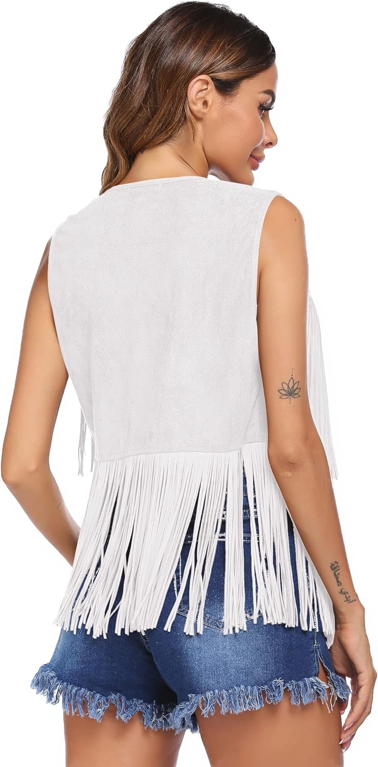 HOTLOOX Womens Fringe Vest 70s Hippie Clothes Sleeveless Faux Suede Tassel Cowgirl Western Outfits S-XXL - Image 6