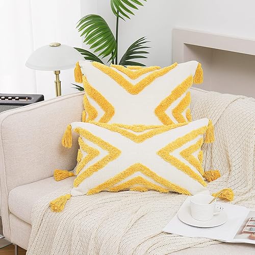 Miniatura 3 de PLWORLD Funda de cojín lumbar de color amarillo bohemio de 12 x 20 pulgadas con borlas, tela de felpilla geométrica copetuda color crema, funda de