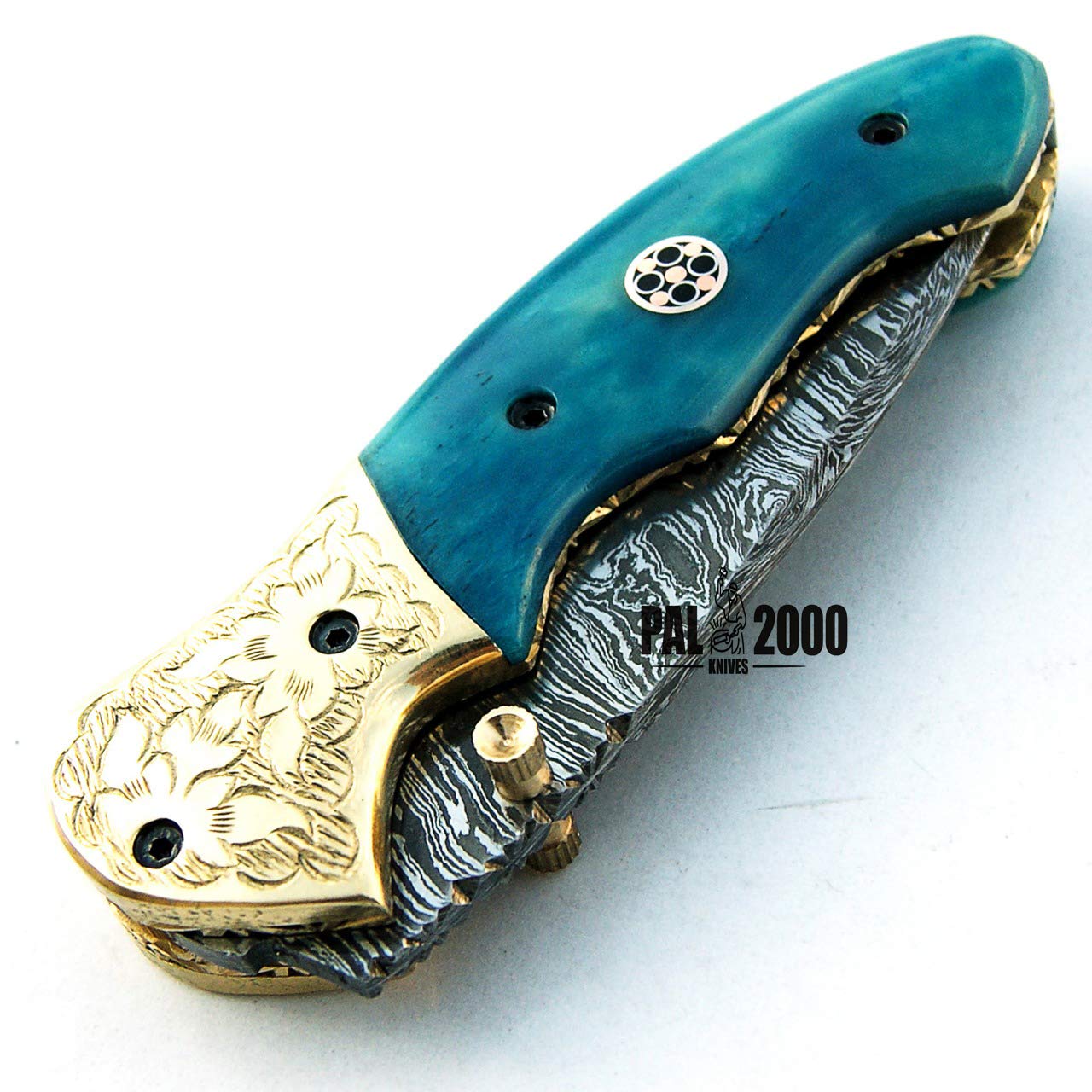 PAL 2000 SBRM-9418 Coltello Pieghevole in Acciaio con Lama in Acciaio Damasco con Custodia in Pelle 18 CM Maniglia Tinto Biglietto Cammello Chef Camping Cucina Casa da Pesca Giardino