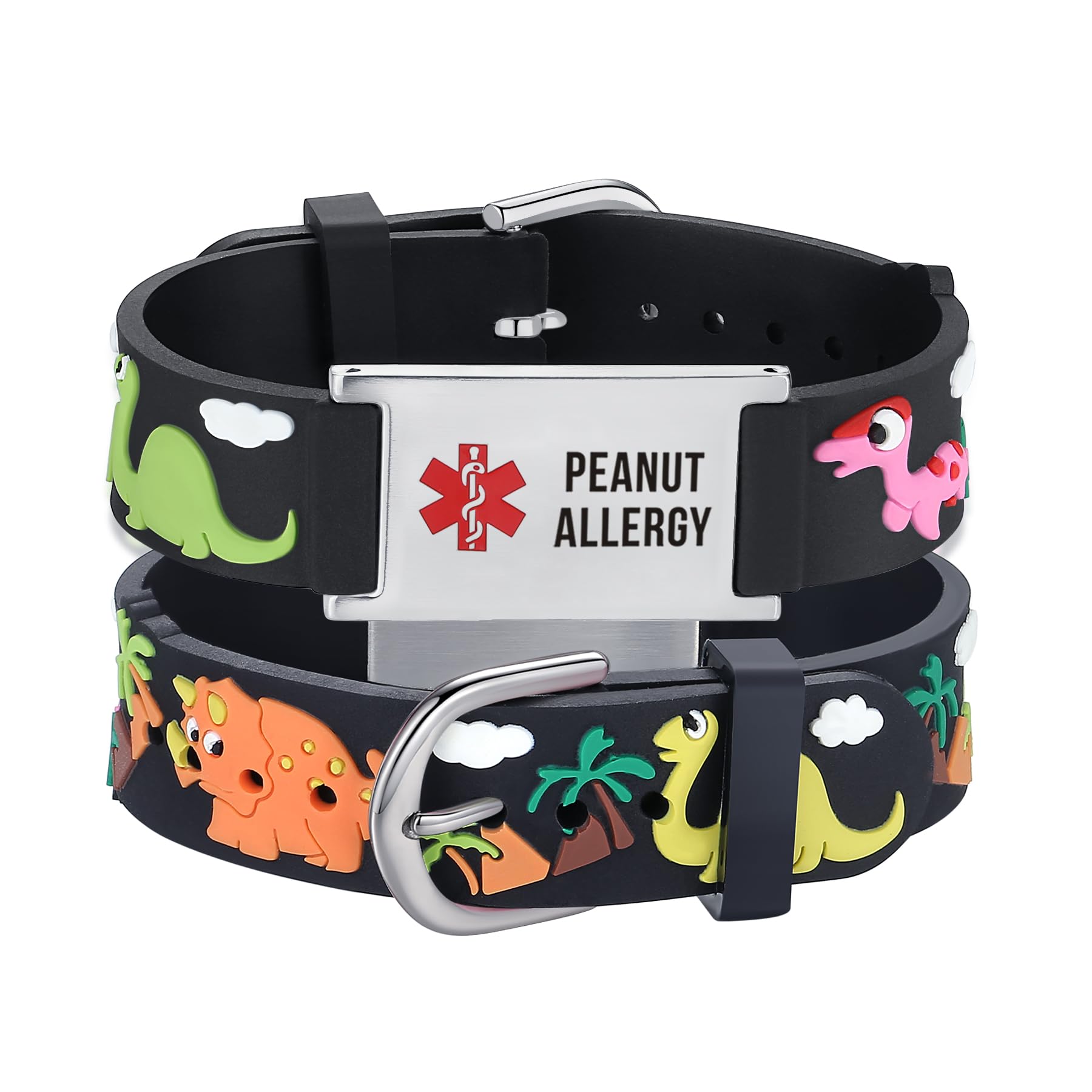 LinnaLove Medical Alert ID Bracelet – Custom or Pre-Engraved, QR Code Available,Blue Dinosaur Band