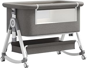 YAZOCO Cuna 3 en 1, Cuna de colecho, Crib Mecedora, Ajuste de Altura e inclinación del colchón, 4 Ruedas con Freno, Colchón Ergonómico (Gris)