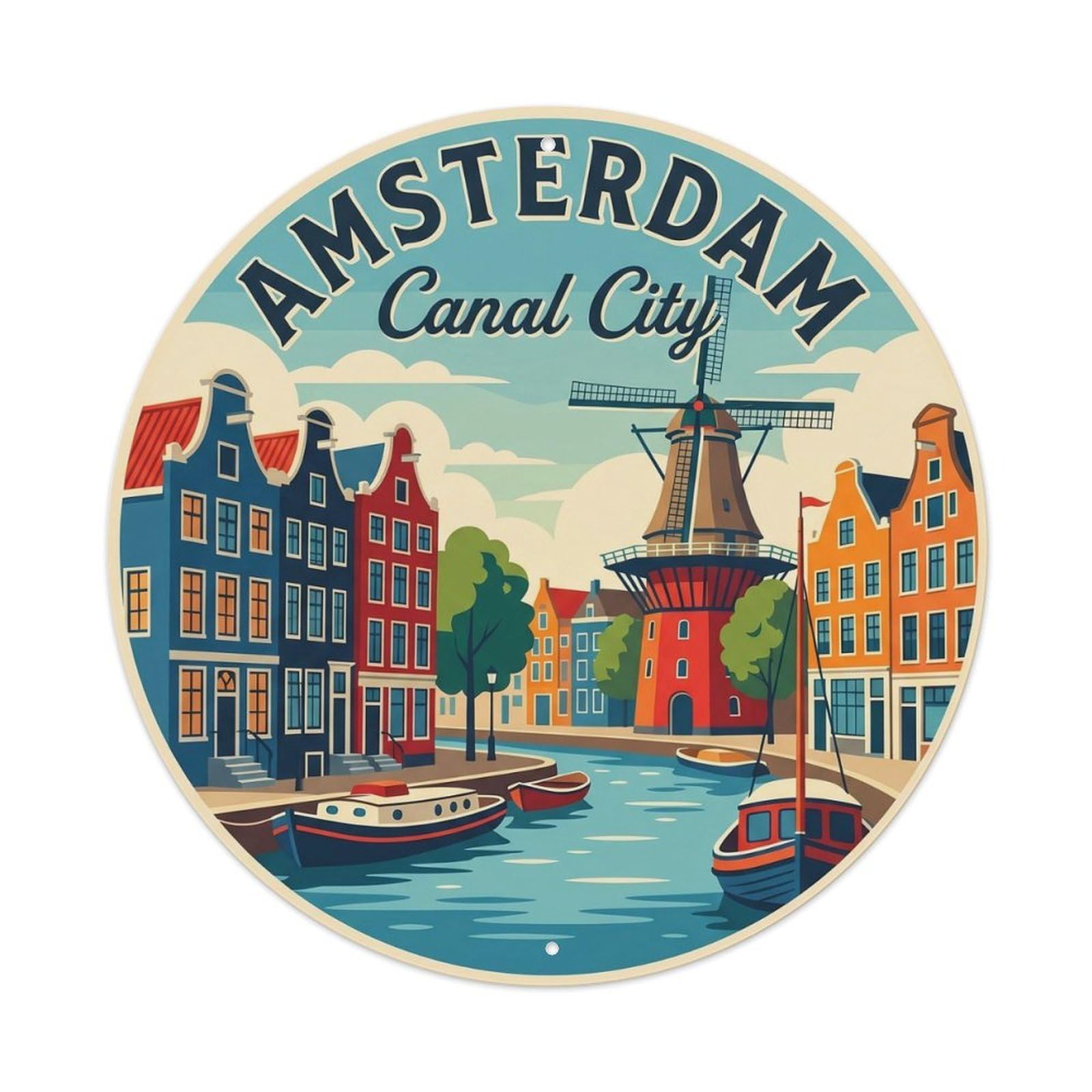 Vintage Travel Amsterdam Canal Netherlands Metal Tin Sign Plaque Wall Decor for Cafe, Club, Garden Round Metal Poster 8x8Inch