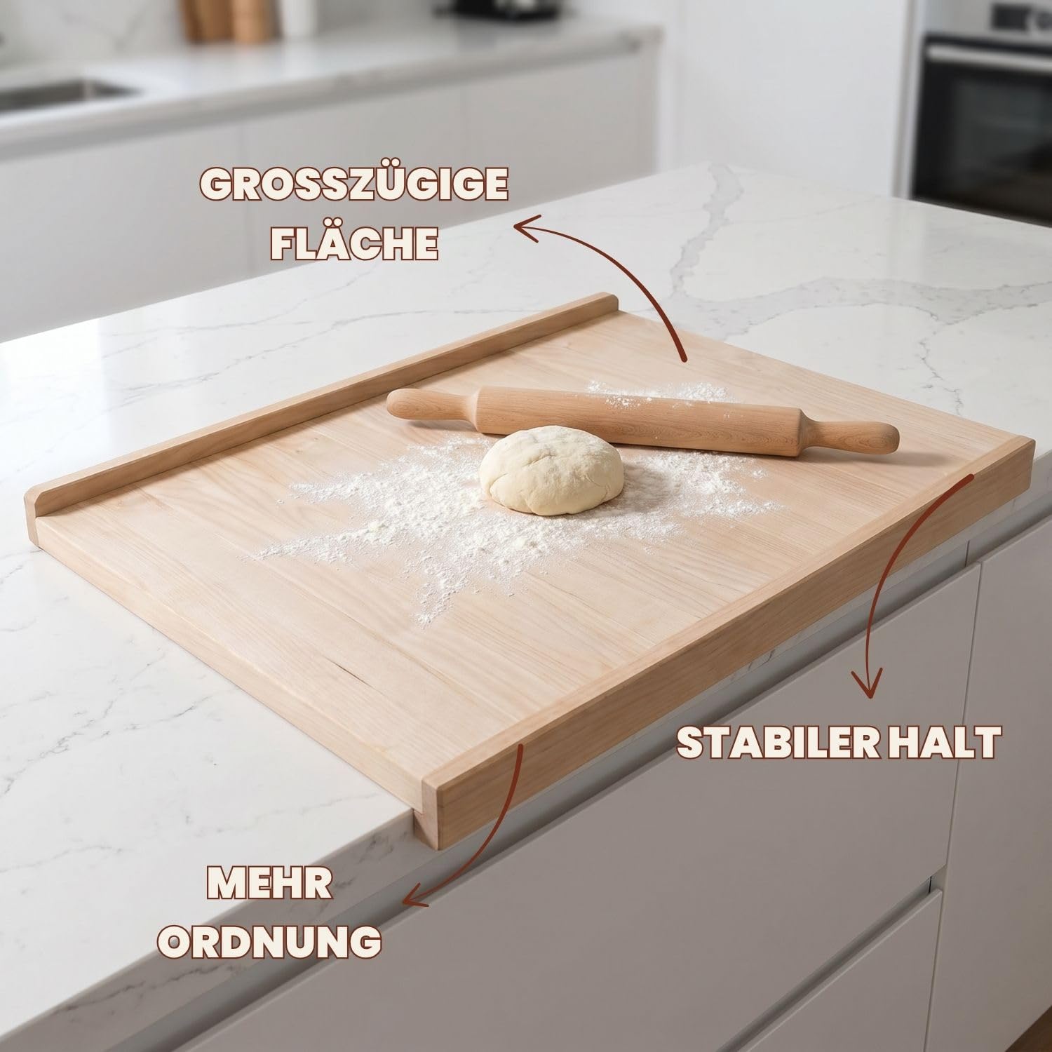 Nudelbrett Holz Groß doppelseitig verwendbar unlackiertem Holz 50 x 70 cm | 50 x 70 cm, Robustes Buchenholz massiv, Große Arbeitsläche, Ränder, Für Teig Pizza und Pasta, Stabil beim Kneten