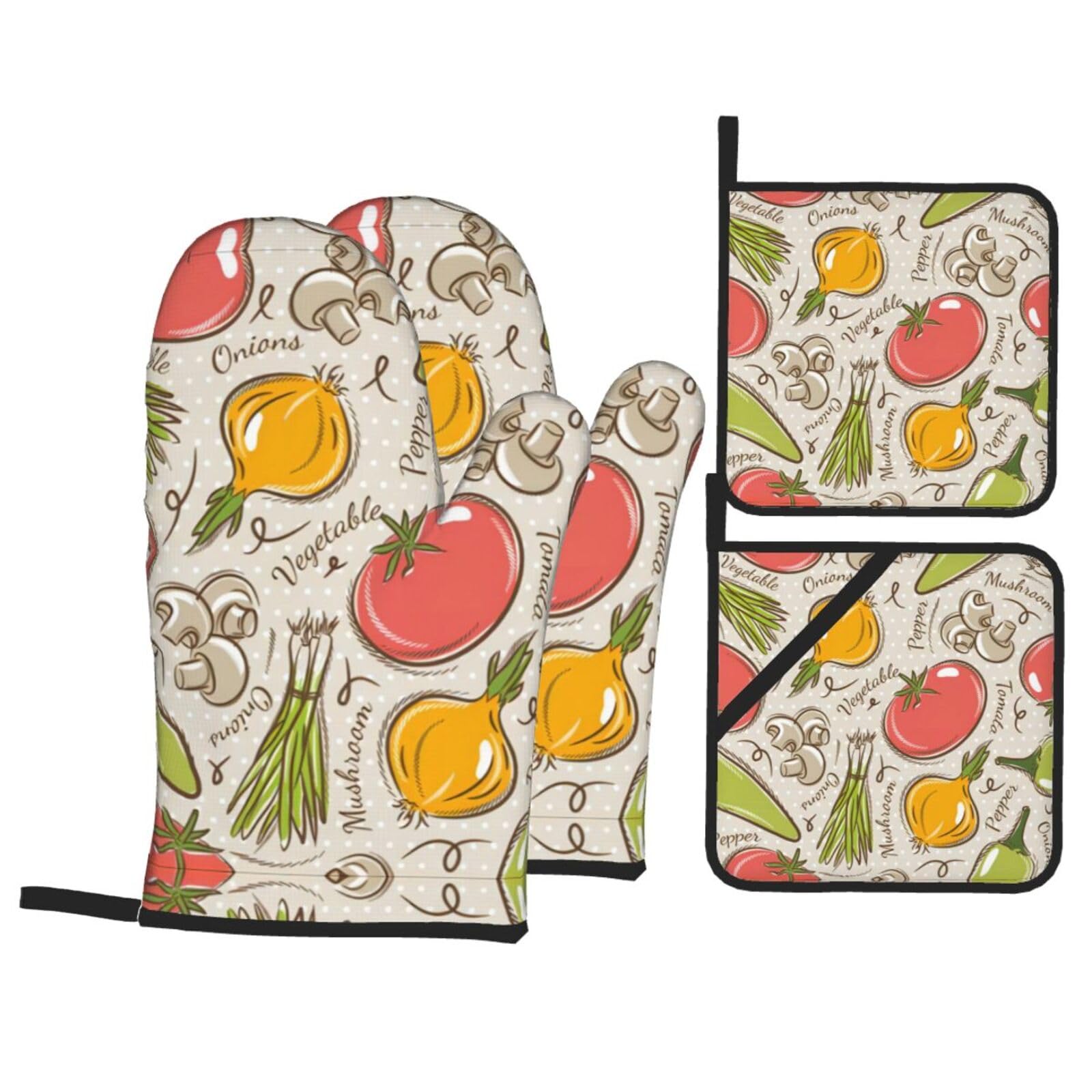Vegetable Fruit Printed Baking 4-Piece Set, includes oven mitts and a heat-resistant mat, suitable for oven and BBQ use