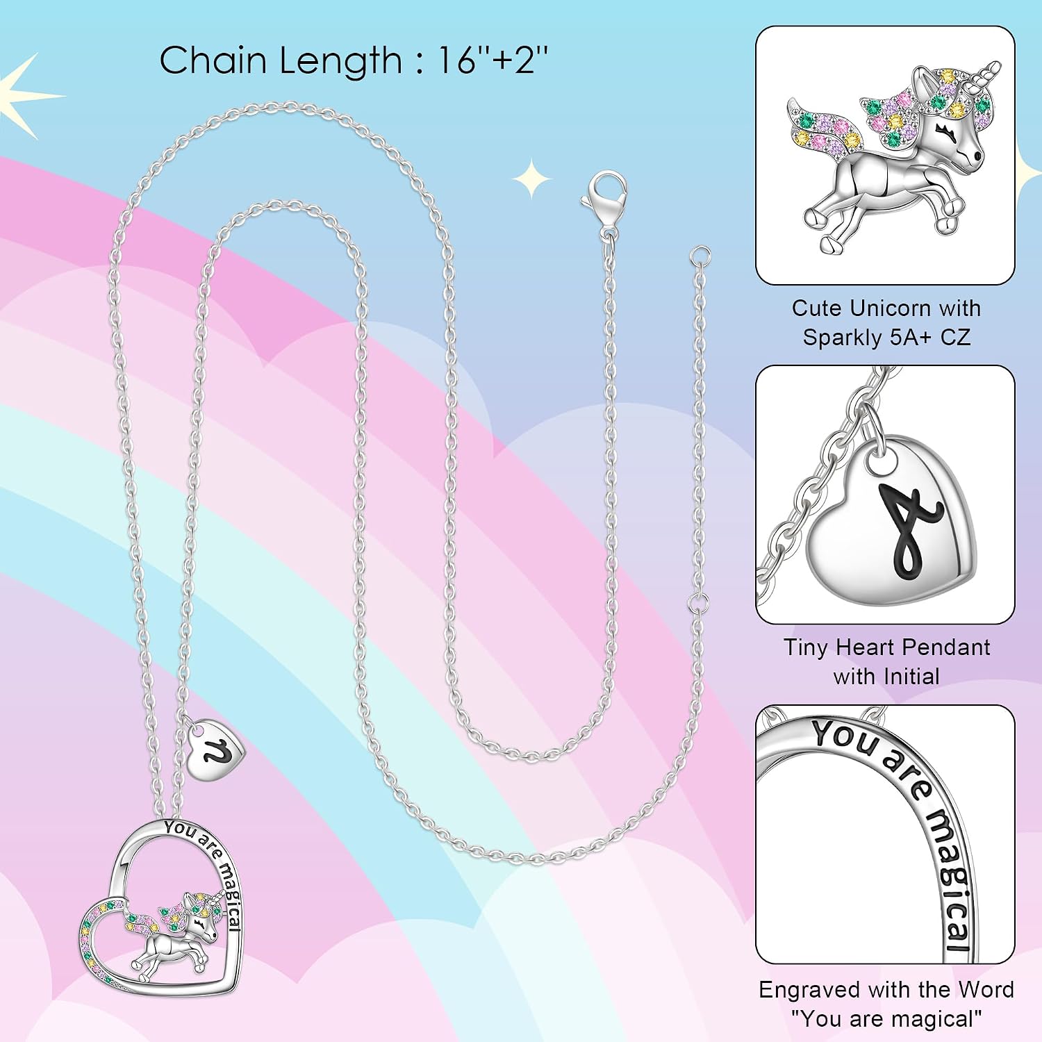 Unicorn Necklace for Girls, White Gold Plated Heart Pendant with Colorful CZ, Initial Unicorn Jewelry for Kids Teen Girls Birthday Gifts, Hypoallergenic, No Tarnish
