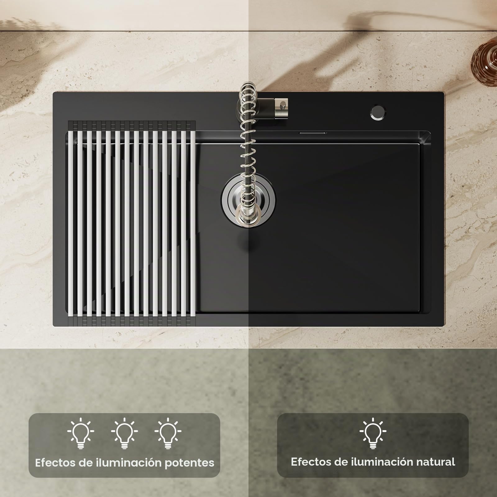 CECIPA Fregadero Negro de Acero Inoxidable 75x45 cm, Lavabo de Cocina 1 Seno Negro con Cortina Enrollable de Desagüe, Fregaderos de Cocina para Mueble de Longitud 80 cm con Sifón y Desagüe