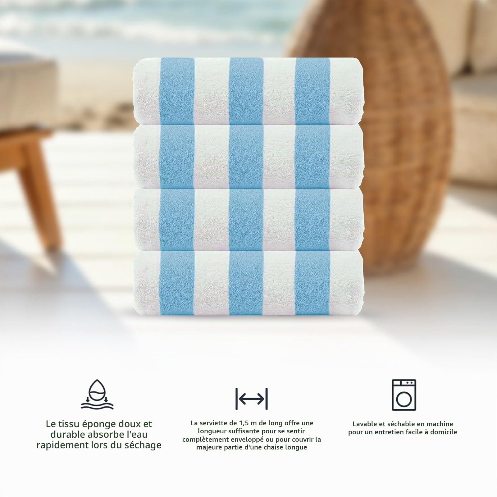 Casa Copenhagen 4 Serviettes de Plage, Piscine Coton, 75 x 150cm, Azul bebé | Cabana serviettes 100% coton égyptien (150 x 75 cm) pour salle de bain, piscine et plage (coffret cadeau femme et homme)