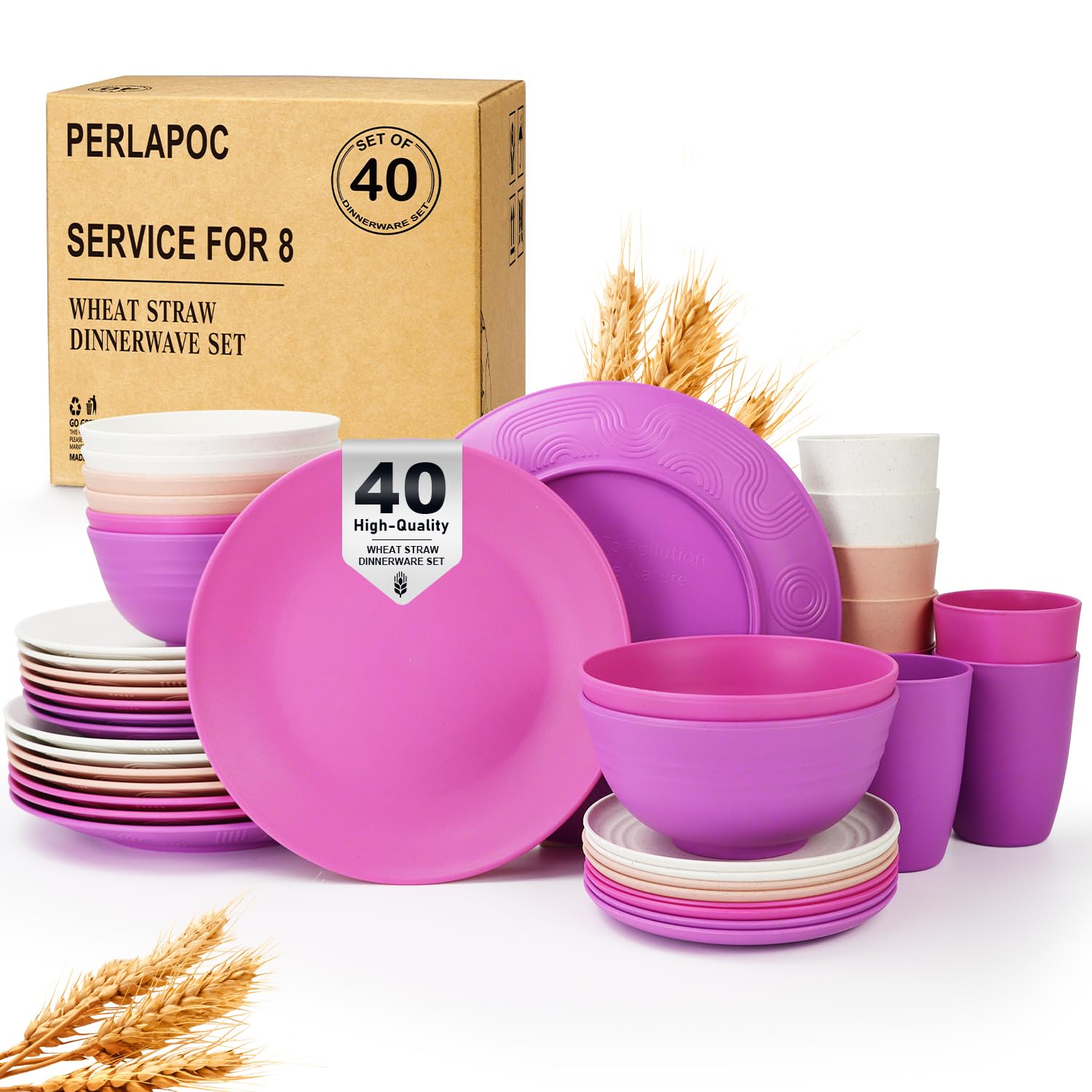 Wheat Straw Dinnerware Sets 40 PCS Bowl and Plate Sets With Cup Dishes Set for 8 Unbreakable Dish Sets Microwave Safe Plates Dinner Bowls Drinking Glasses With 4 Color - Flower Color