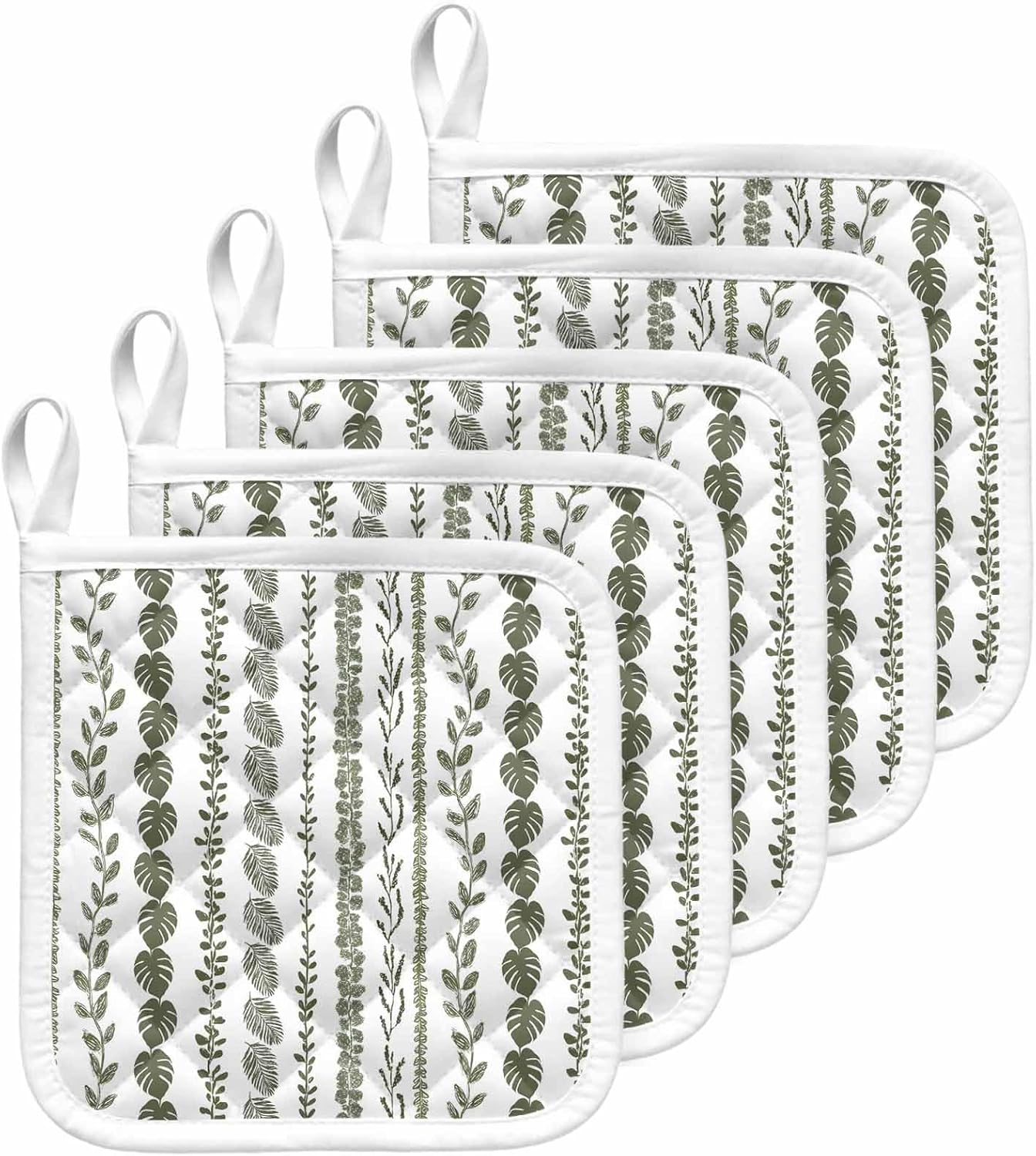 Dark Sage Green Botanical Pot Holders for Kitchen Heat Insulation, Summer Botanical Leaf Vertical Stripes Potholders Hot Pads with Hanging Loop, Washable Oven Mitts Pot Holder for Cooking 5 Pack