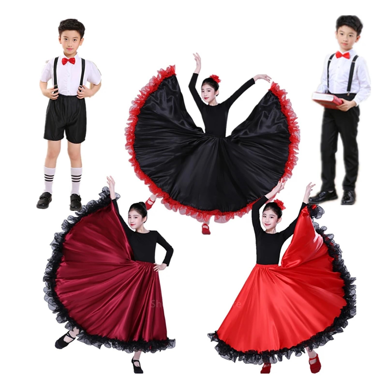 Vestido de Baile Flamenco for niños, Faldas gitanas, 360, 540 y 720 Grados, for niñas de 100 a 150 cm, Vestido de Baile de salón(540DegreeColor1,Height140CM)