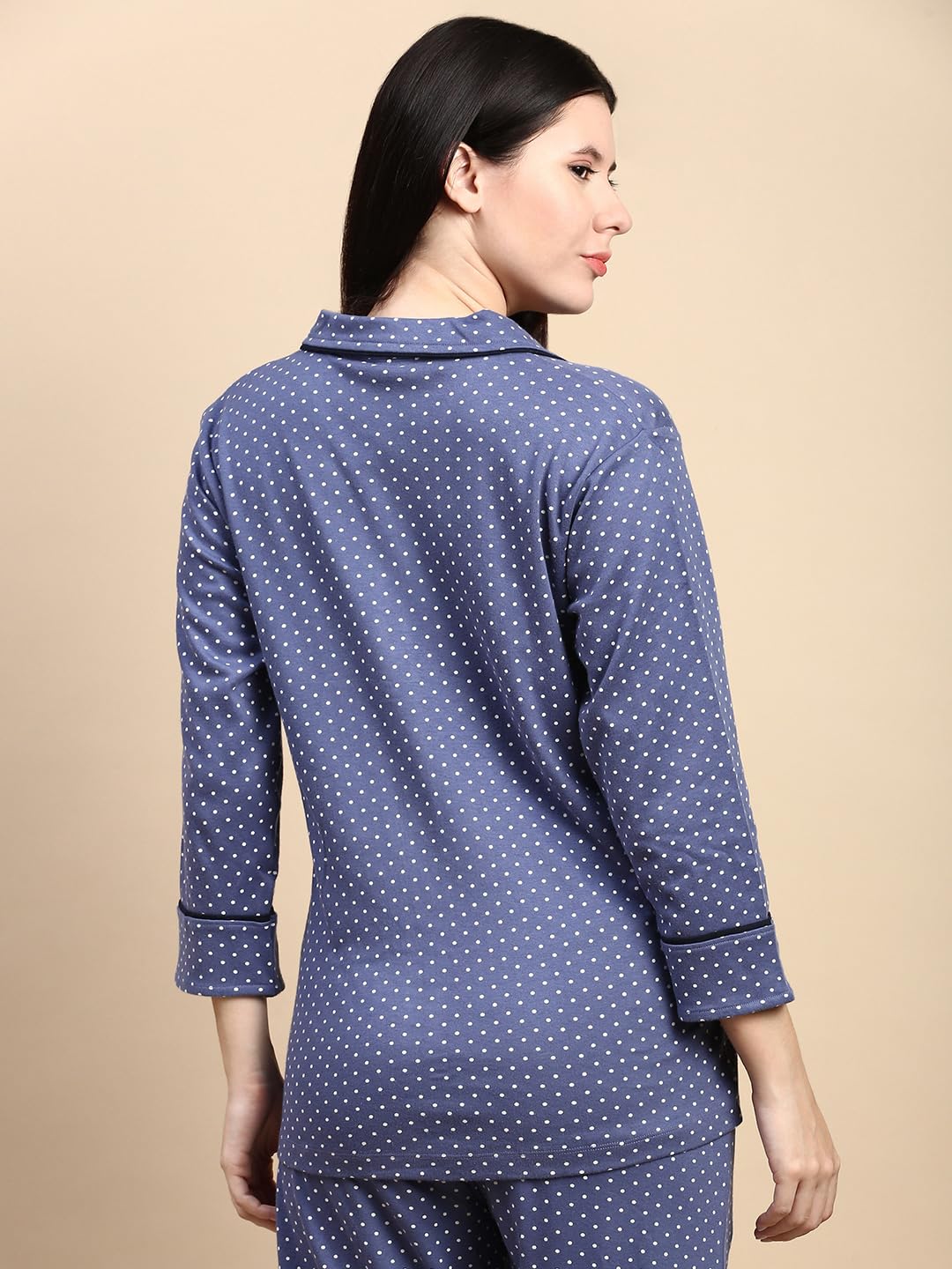 KRYPTIC Womens Lounge Cotton Polka dot Printed 3/4th Sleeve Lapel Collar Front Open Button Placket Relaxed Fit Lounge Tshirt Shirt Top(Cement;XL) - Image 2 thumbnail