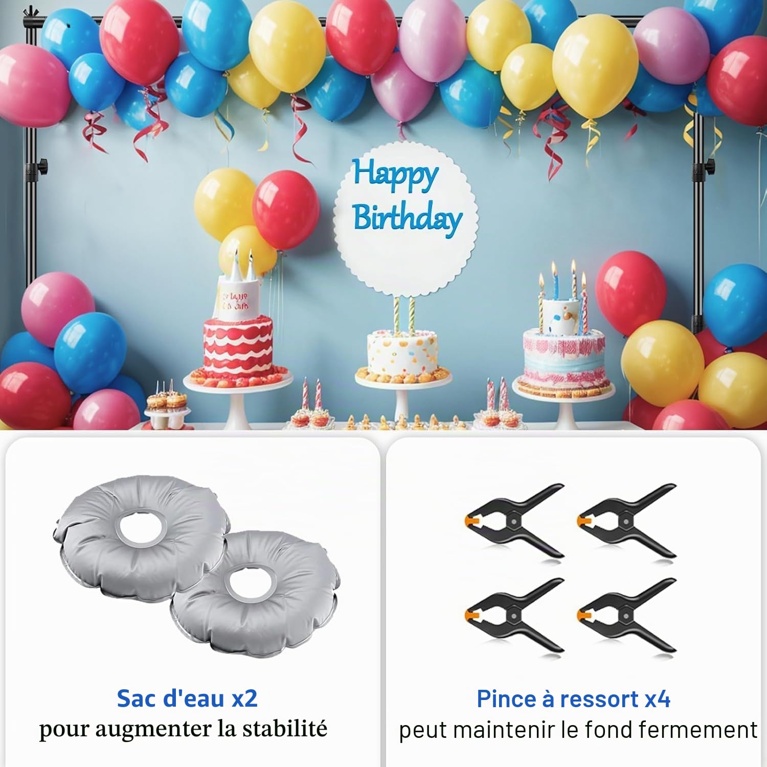 EMART Support de Fond Photo avec Socle, 2m x 3m Support Toile de Fond Réglable pour Photographie, Studio Photo Vidéo, Décoration de Fête