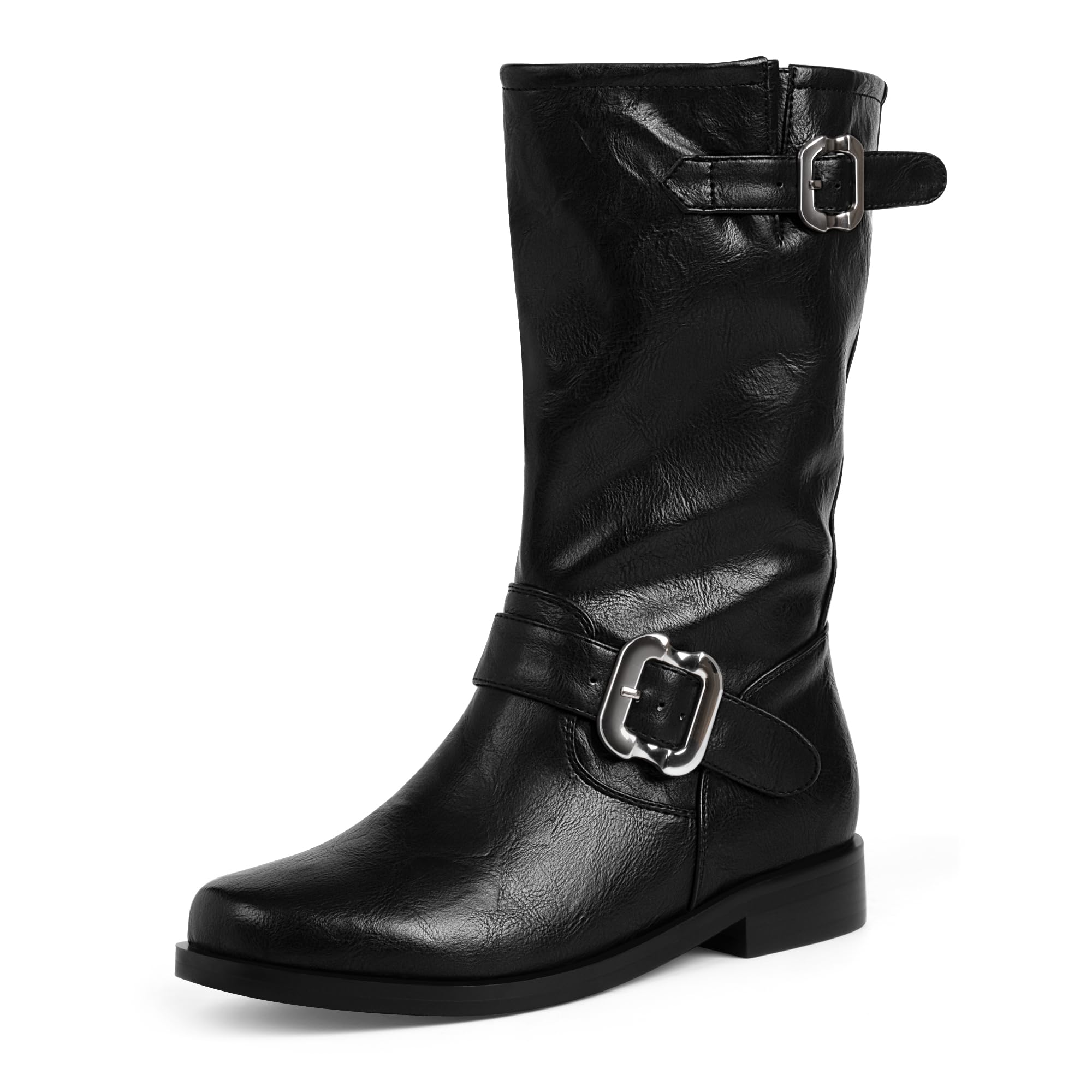 Womens Black Mid Calf Riding Boots Buckle Strap Flat Low Heel Motorcycle Boots