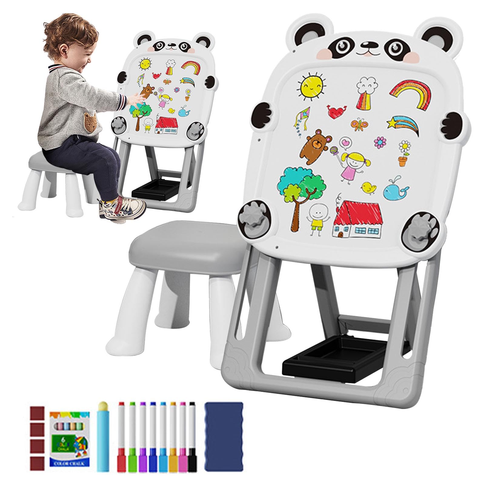 Lavagna nera magnetica, cavalletto artistico per bambini - Lavagna magnetica bifacciale regolabile in piedi | Lavagna da disegno per bambini, lavagna magnetica con staffa pieghevole con sedia per bamb