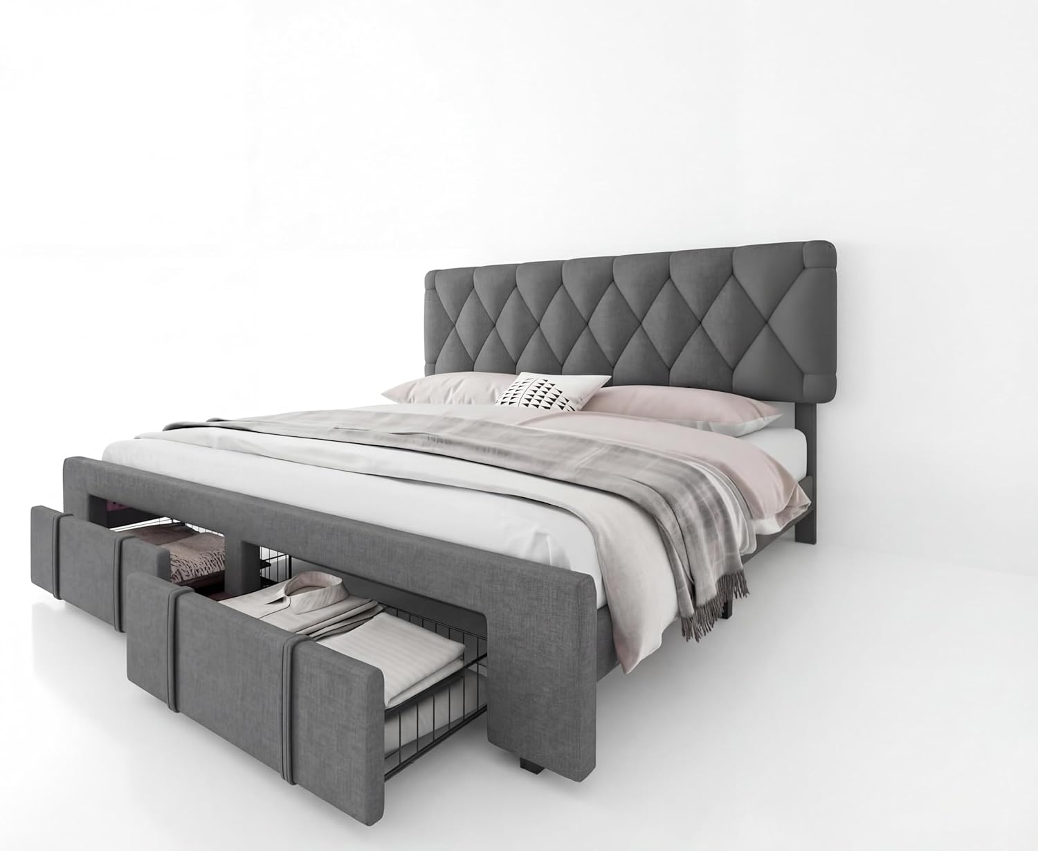 GAOMON Queen Upholstered Platform Bed Frame with Storage Drawers, Padded Headboard, No Box Spring, Grey