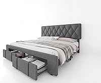 GAOMON Queen Upholstered Platform Bed Frame with Storage Drawers, Padded Headboard, No Box Spring, Grey