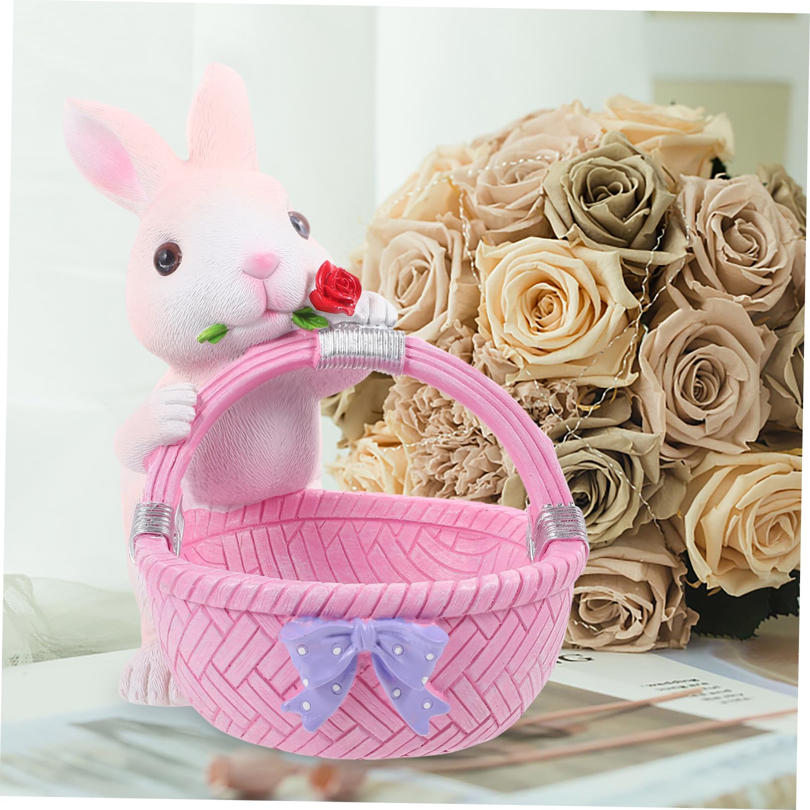ABOOFAN Coniglio Pasquale e Soluzione di Storage in Resina Decorazione Ornamento Adorabile a Forma di Cestino Rosa per Casa per Tavola di Pasqua