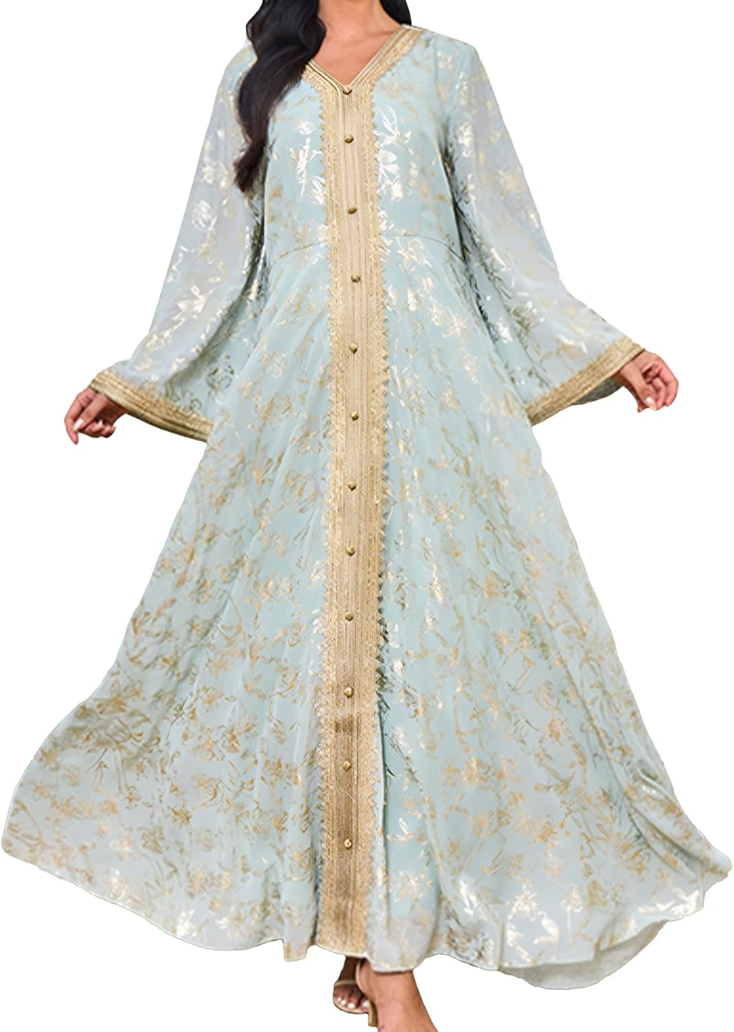 Abaya Muslim Dress for Women V Neck Belted Embroidered Floral Maxi Kaftan Islamic Dubai Arabian Evening Dress