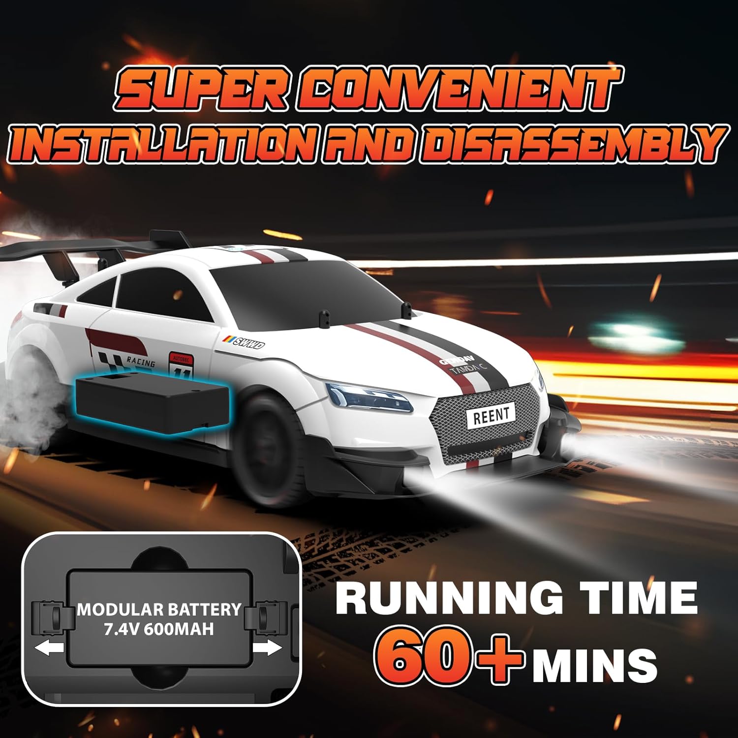 RC Drift Car 1/16 Scale 2.4Ghz 4WD Remote Control Car With Spray & Led Lights, 30+KM/H High Speed RC Drag Car, Racing Sport Toy Cars for Adults Boys Girls Kids Gift 2Pcs Rechargeable Battery