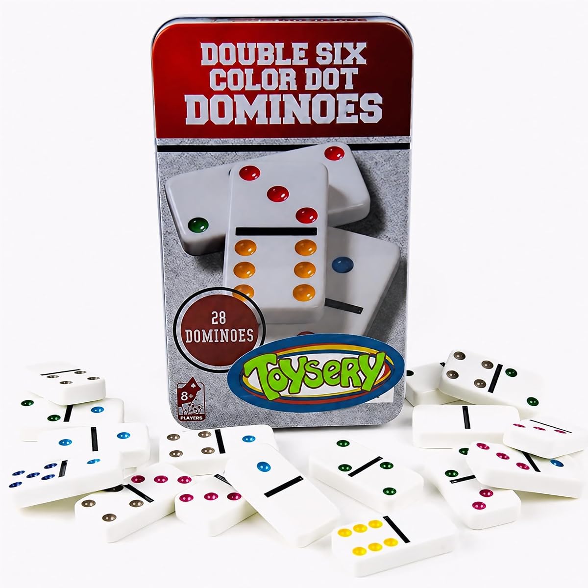 Juego de 6 dominó doble con puntos de colores. Juego de Dominó Blanco para Niños de 28 Piezas con Estuche de Lata. Conjunto de juegos educativos