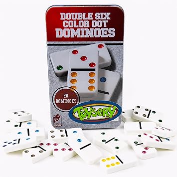 Toysery Double 6 Dominoes Set with Colored Dots. 28 Piece Set White Dominos for Kids with Tin Case. Educational Game Set