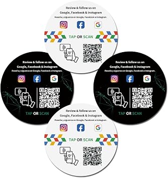 Google Review Tap Round Cards2white2black by TapFive - Tap for Instant Reviews - All Phones Compatible - Reusable Smart Tap NFC & QR - Boost Business Reviews - Powered by TapFive 4 Card Pack