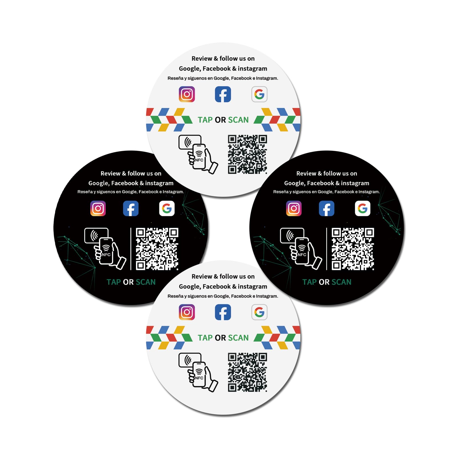 TapFive - Tarjetas redondas de Google Review Tap (2white2black) - Tap para reseñas instantáneas - Compatible con todos los teléfonos - Smart Tap reutilizable NFC y QR - Boost Business Reviews