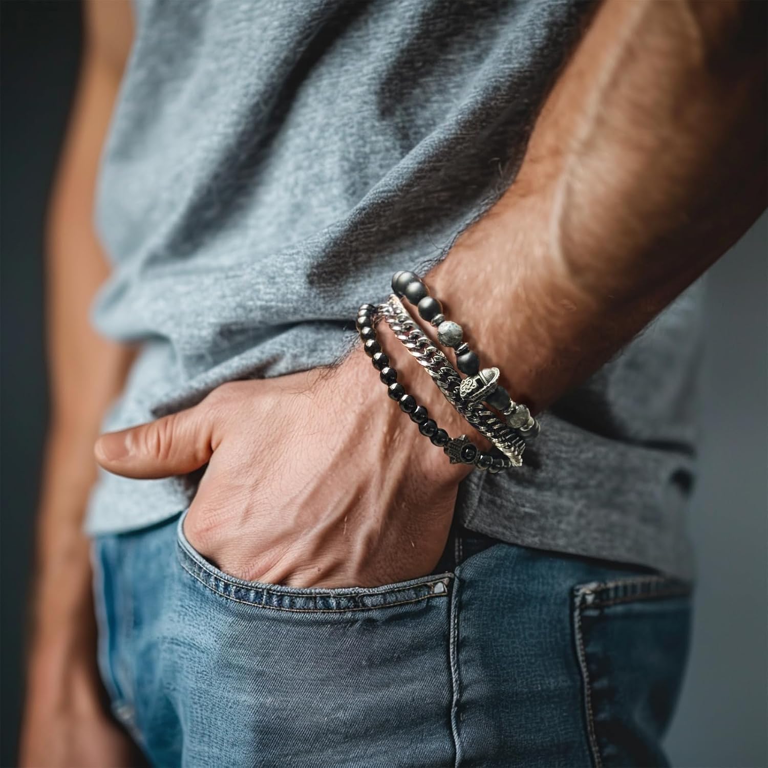 3pc Mens Beaded Bracelets Silver Stainless Steel Chain Bracelet for Men Handmade Braided Bracelet Sets Jewelry Gifts for Men - Image 3