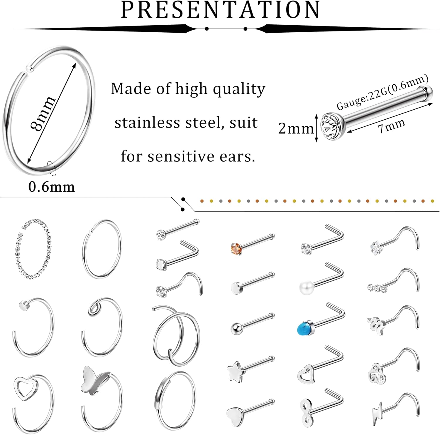 FINREZIO 34PCS 22g Nose Rings - Women & Men Surgical Steel Nose Piercings - Hoops, L-Shaped, Stud, Screw - Hypoallergenic Body Jewelry - Image 2