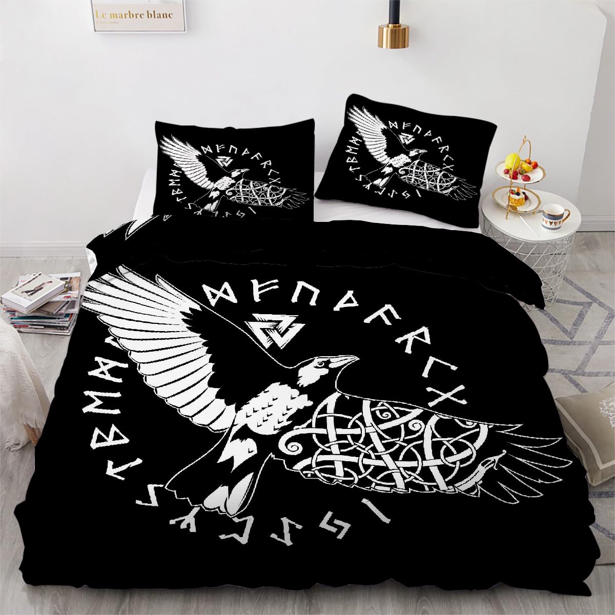 Parure de lit corbeau 240x260cm avec housse de couette 3D rétro et taies