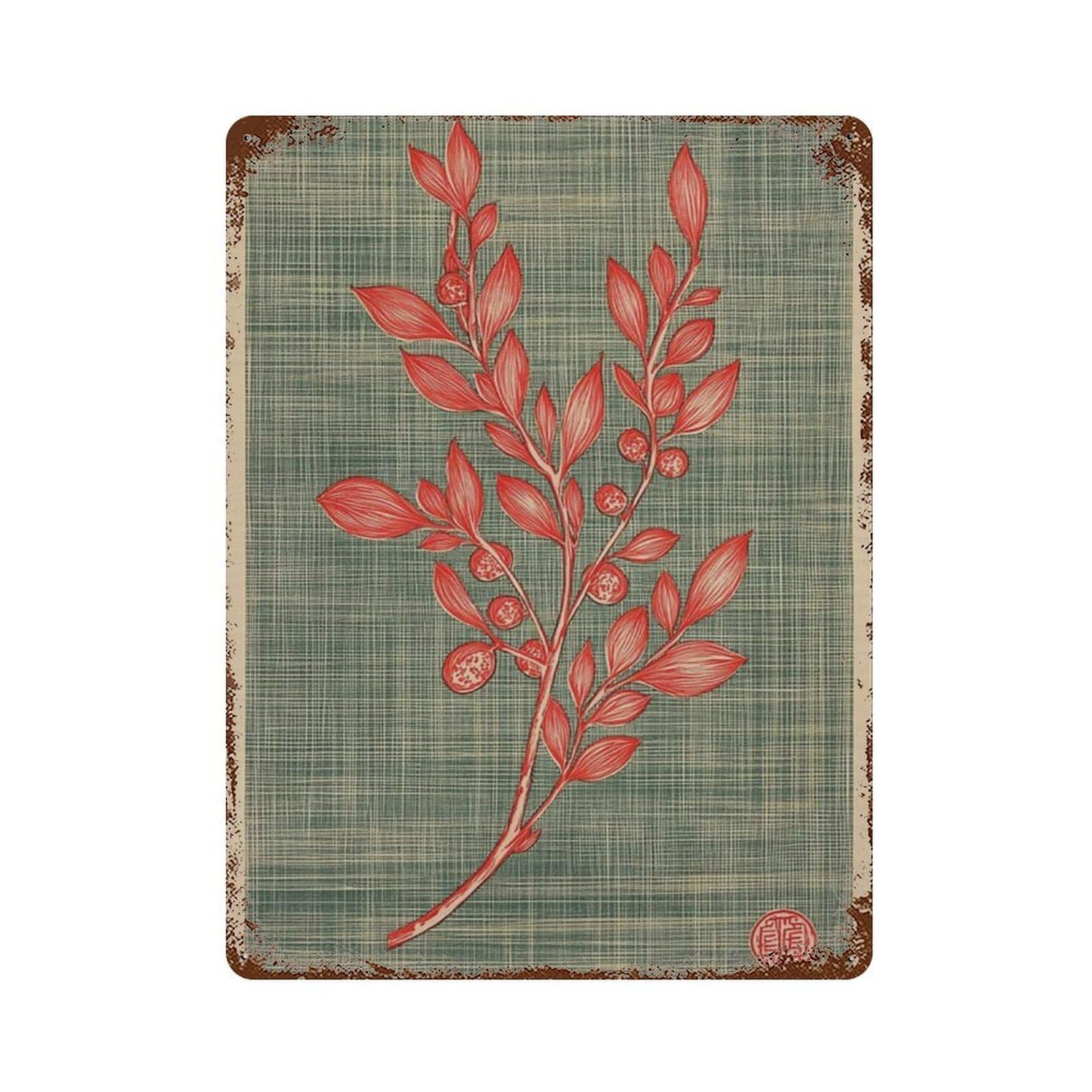 xiaoxiaoshen Olive Branch Botanical Minimal Red Green Leaf Wall Decor Art Metal Tin Poster Modern Home Decor Art Home Bar Shop Decorations Vintage Sign 40x30cm