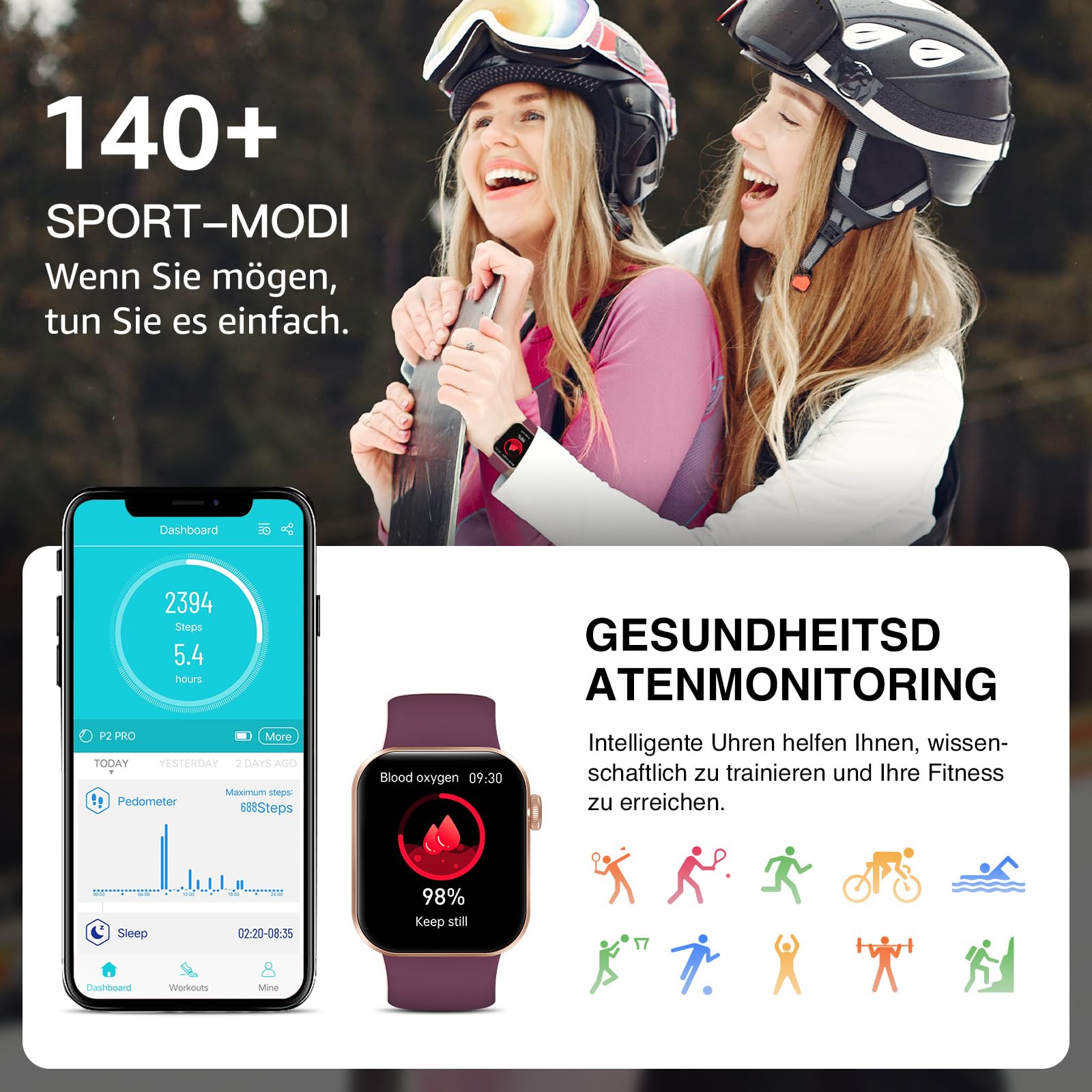 Smartwatch Damen Herren, 1,85" HD Touch Fitnessuhr mit Telefonfunktion, 140+Sportmodi Smart Watch Fitness Tracker mit Pulsmesser Schlafmonitor Schrittzähler, IP68 Wasserdicht Sportuhr für iOS Purple