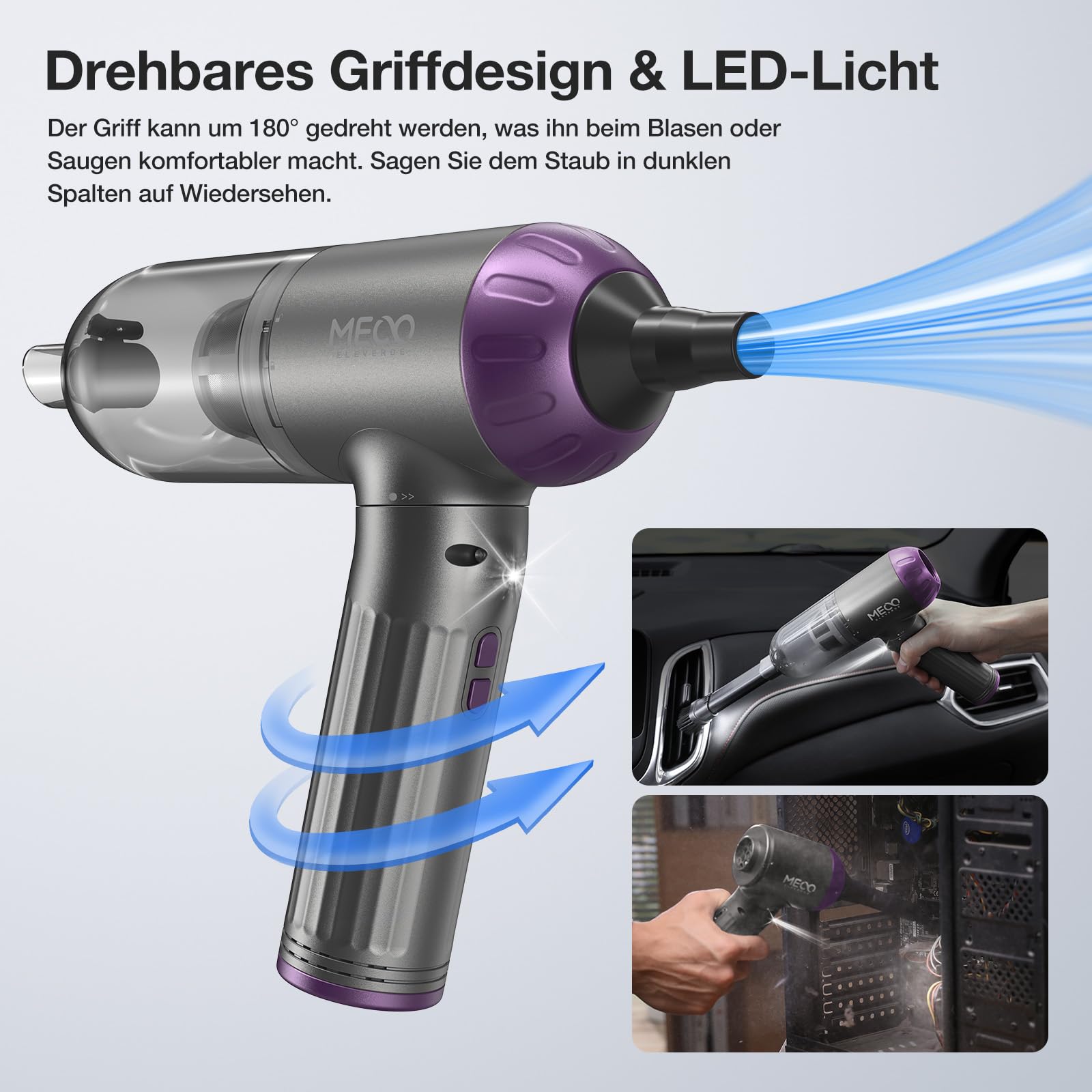 MECO ELEVERDE 4-in-1 Handstaubsauger Akku, Elektrische Staubgebläse 130000U/min 3-Gang Auto Staubsauger mit Bürstenloser Motor und LED-Licht, Tastatursauger Druckluftspray für PC, Sofa, Auto (Lila)