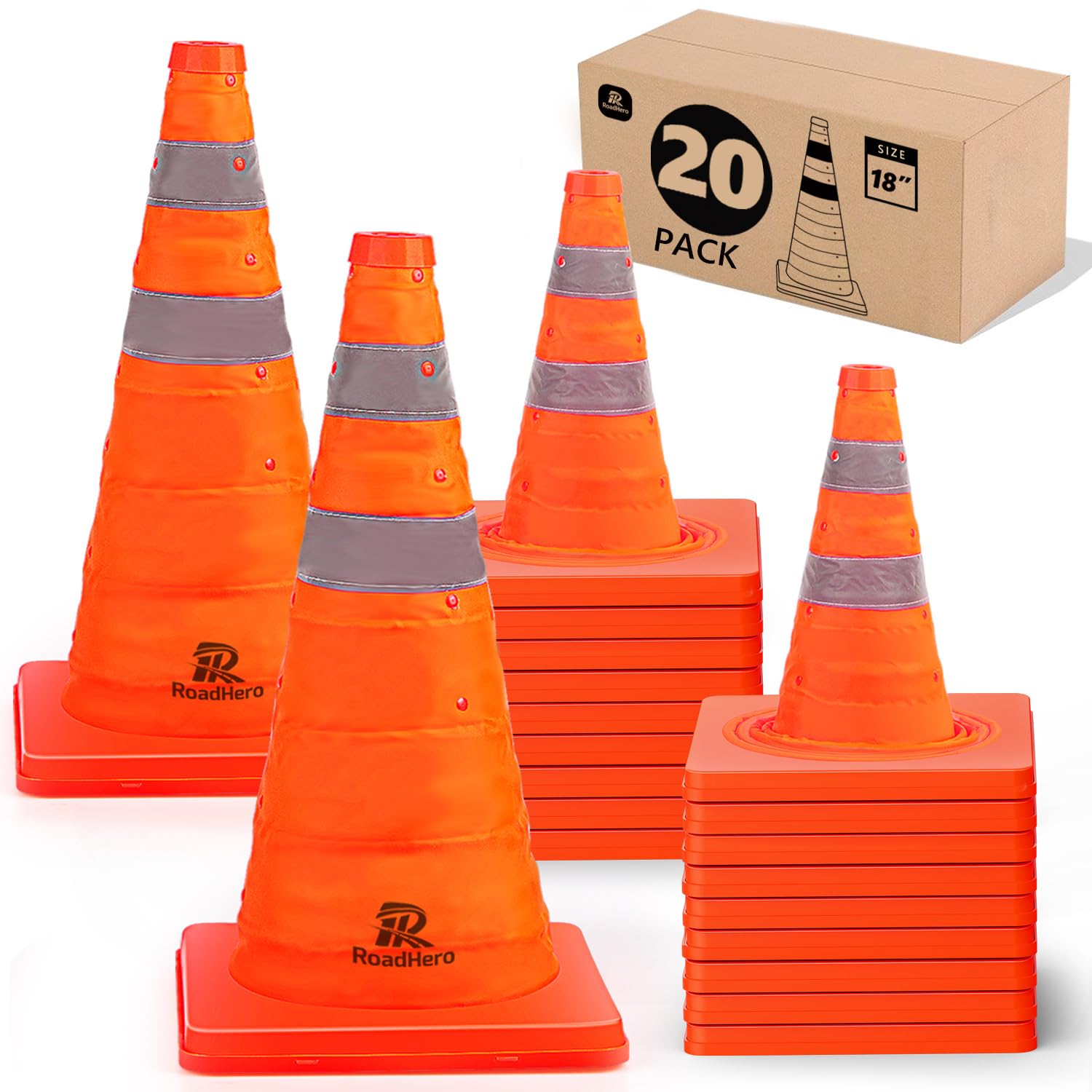 RoadHero 18 Inch 20 Pack Collapsible Traffic Safety Cones, Multi Purpose Pop-up Cones with Reflective Collar for Road Safety, Orange Cones for Driving