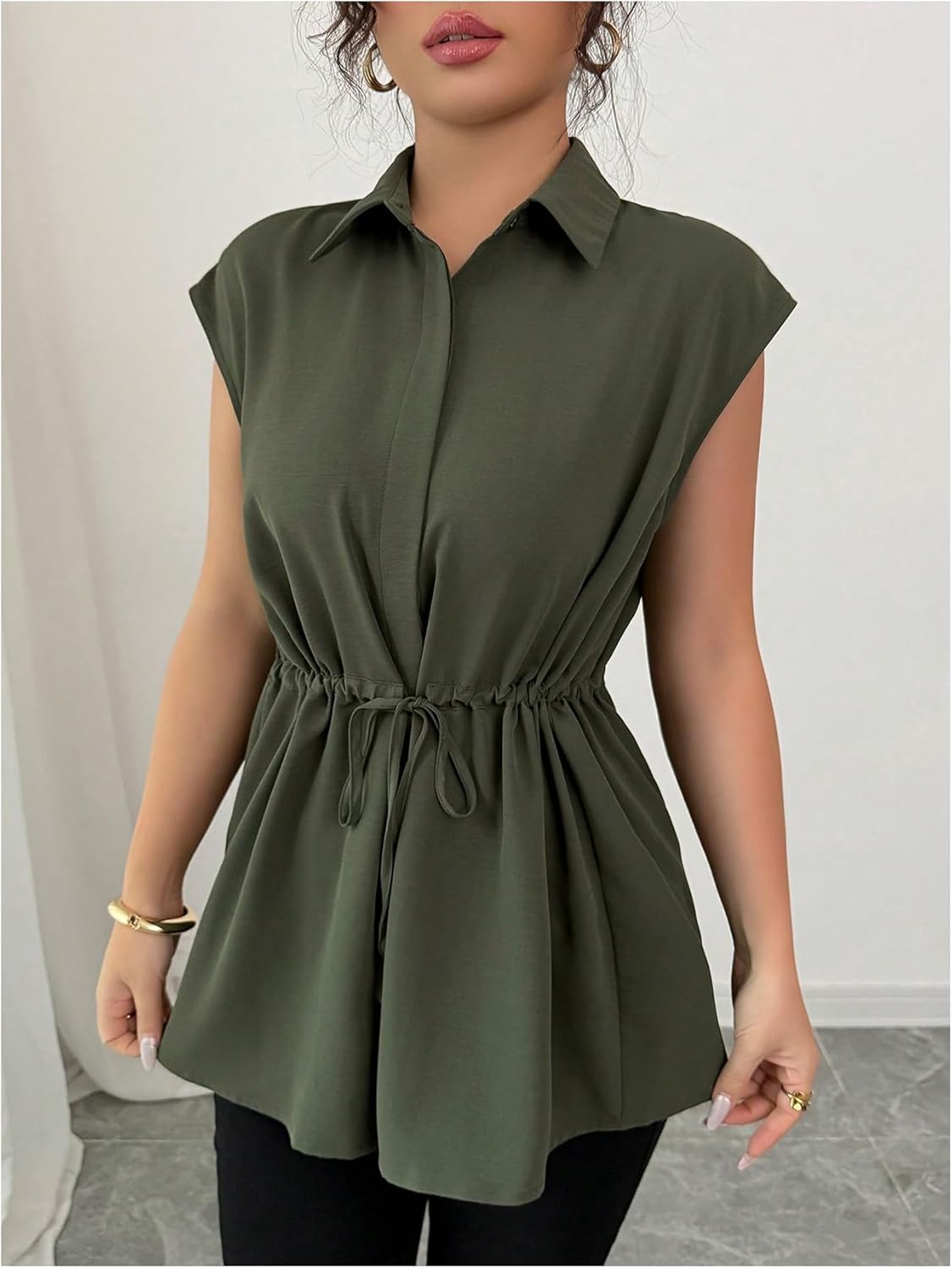 OYOANGLE Women's Elegant Short Sleeve Collared Business Casual Button Down Shirt Tie Front Summer Peplum Tunic Blouse - Image 4