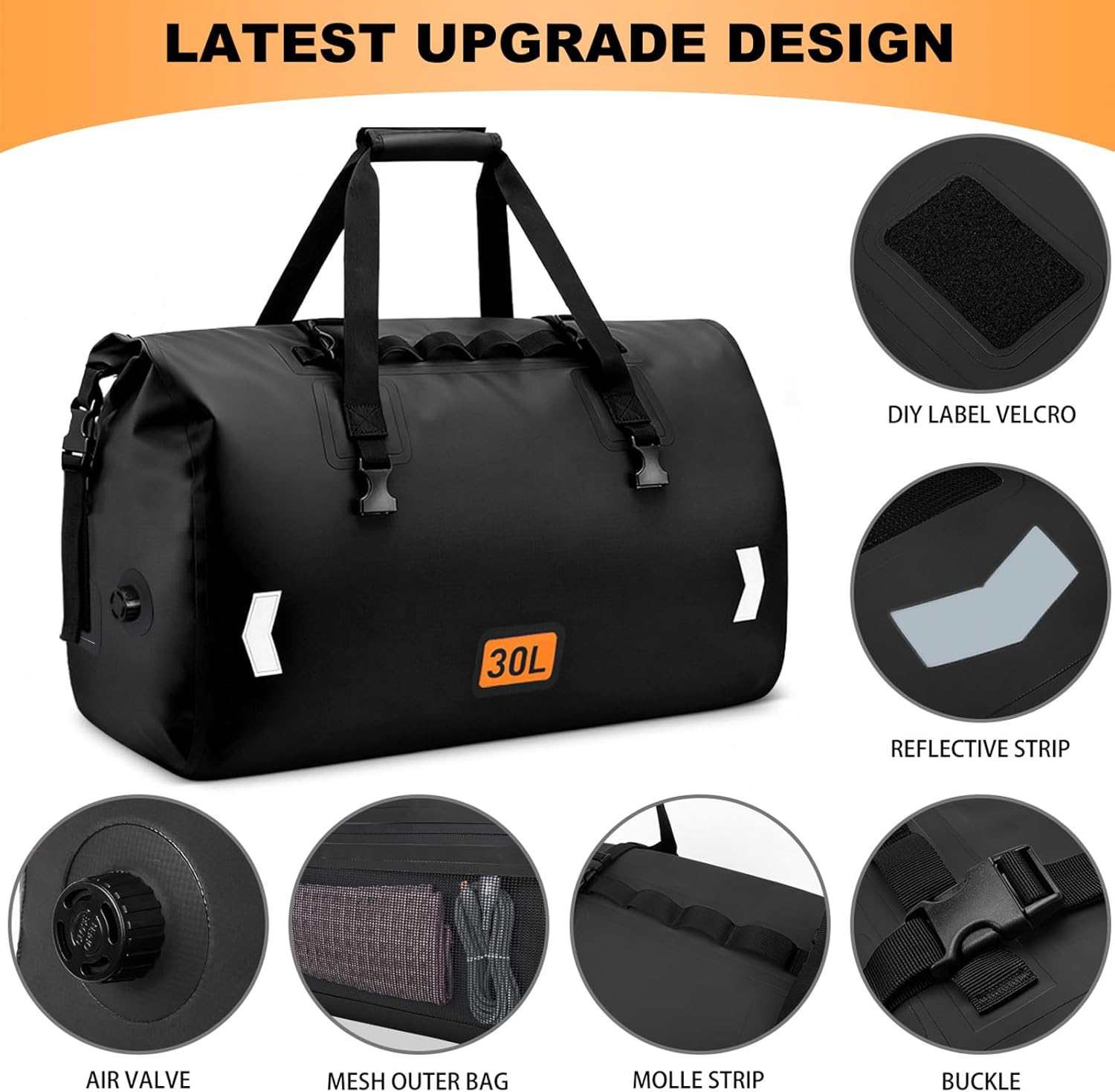 Waterproof Dry Bag, 30L Roll-top Motorcycle Tail Bag with Air Valve & Quick-fixed Straps, Travel Duffle Bags for Kayaking Paddle Boarding Rafting Boating Camping Riding Fishing - Black - Image 2