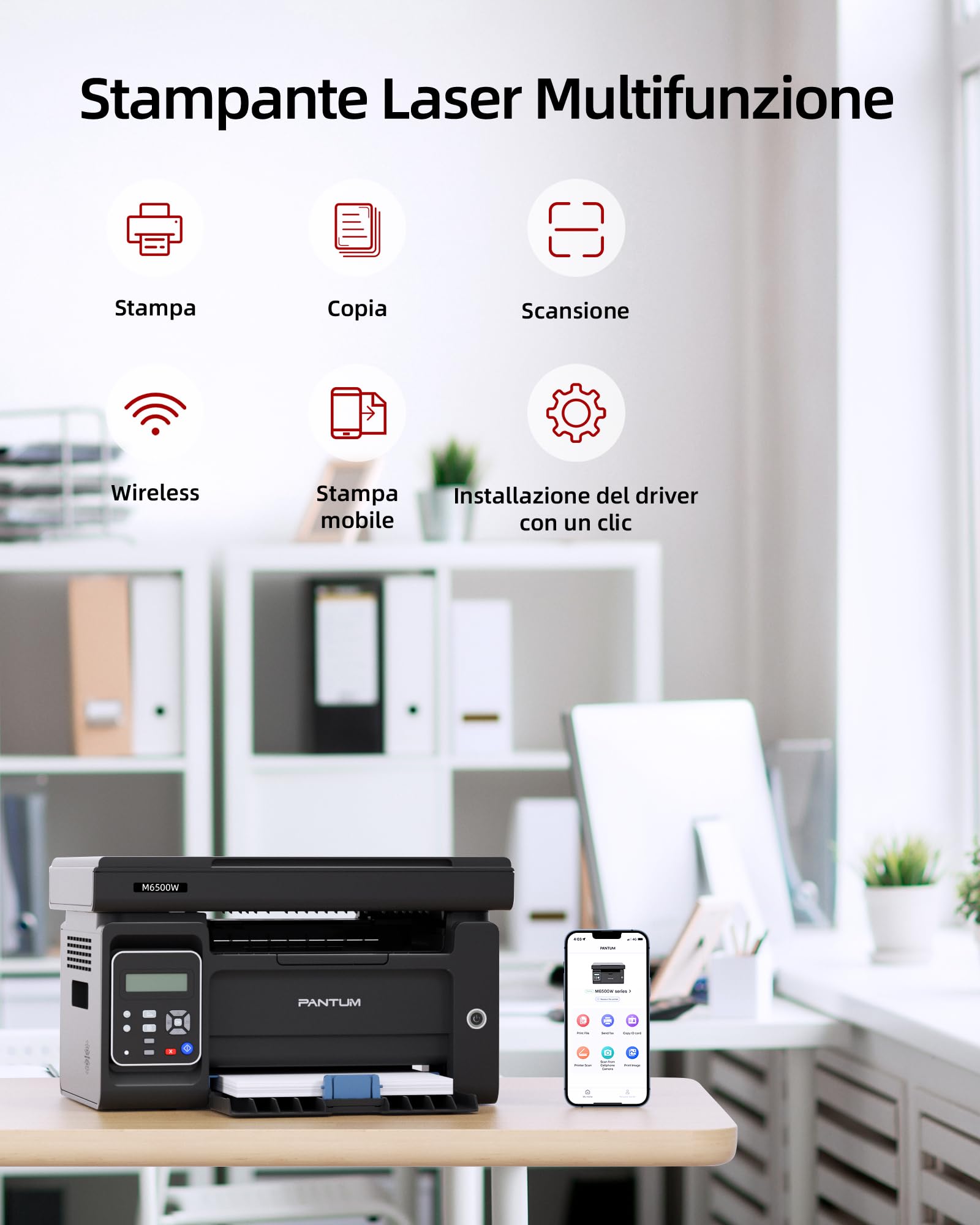 PANTUM M6500NW Stampante Laser Multifunzione WiFi, Duplex Manuale in Bianco e Nero, 22 ppm, Ethernet, USB 2.0, Risoluzione 1200 x 1200 dpi, Stampa, Copia e Scansione per Piccoli Uffici Domestici