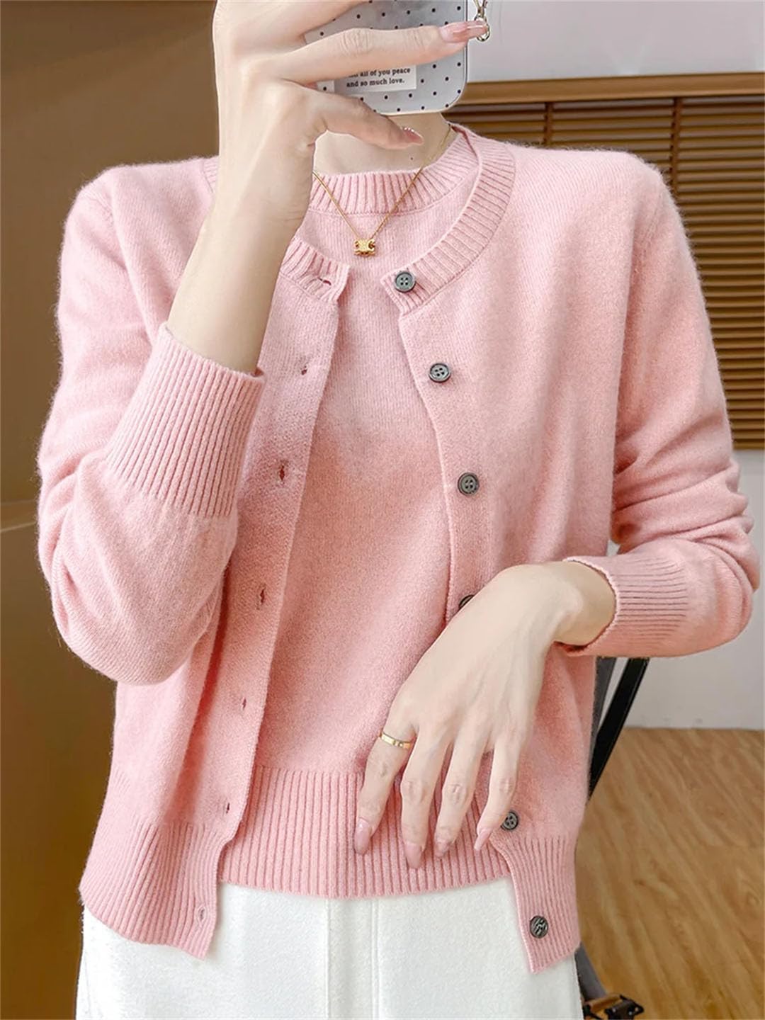 Women Chic Wool Twinset O-Neck Cardigan Pullover Cashmere Winter 100 Percent Merino Wool Sweater