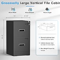 Vista 3 de Greenvelly Archivador Vertical de 18" D, Gabinete de 2 Cajones con Cerradura para Oficina en Casa, Metal Negro para Colgar Carpetas