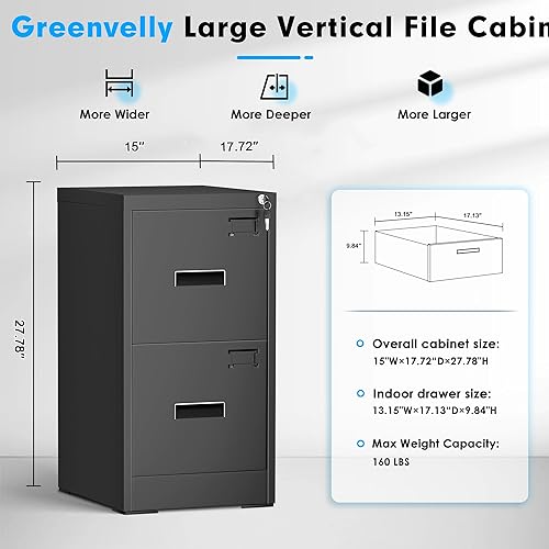 Miniatura 3 de Greenvelly Archivador de 2 cajones, archivador lateral negro con cerradura, archivadores de oficina para tamaño legalcartaA4F4 con archivos