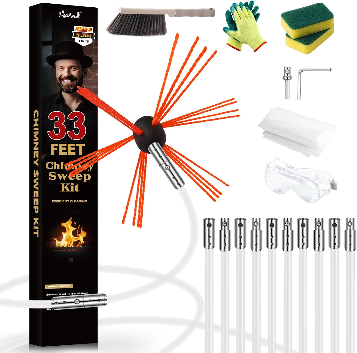 33 Feet Chimney Sweep Kit, Chrome Button Locking System, Chimney Cleaning Kit, Chimney Brush, Chimney Cleaning System with 10 Flexible Chimney Rods 33 FT