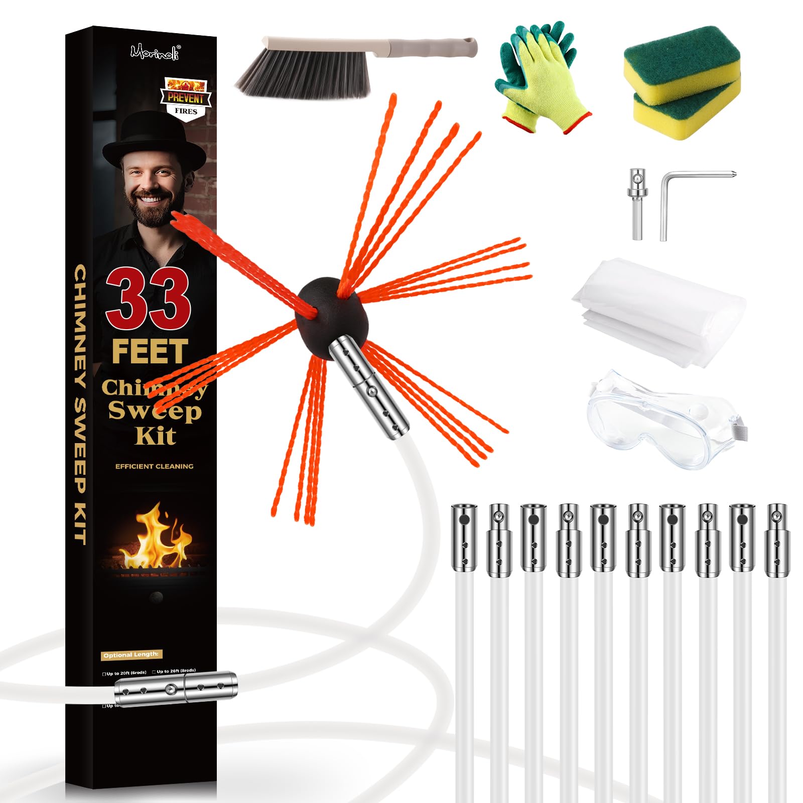 33 Ft Chimney Sweep Kit with 10 Flexible Rods &amp; Chimney Brush